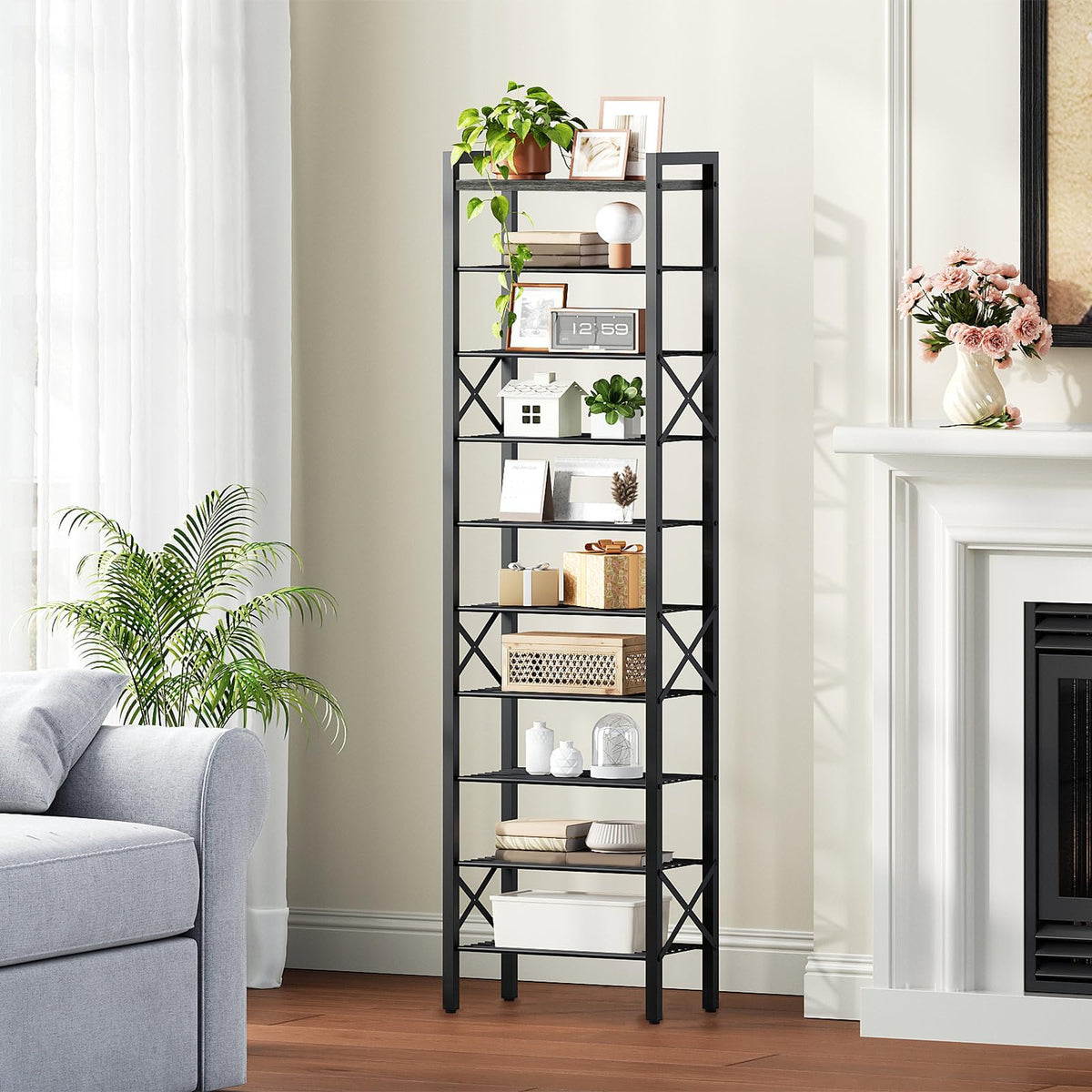 YATINEY 10-Tier Narrow Shoe Rack, Tall Shoe Rack for 10-20 Pairs, Shoe Storage Shelf with 2 Non-Woven Drawers, SS68BC-SS11BR