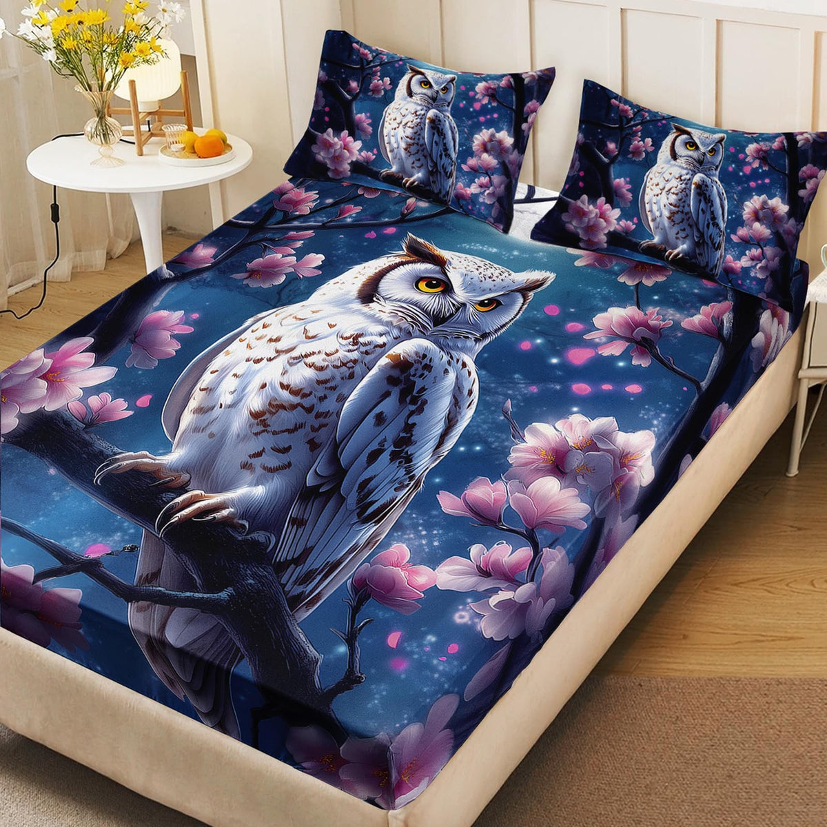 AILONEN Owl Fitted Sheet Set Twin Size, 3Pcs Pink Flower Owl Pattern Bedding Set for Kids Girls Boys,Bird Animal Print Fitted Sheet with 2 Pillowcases