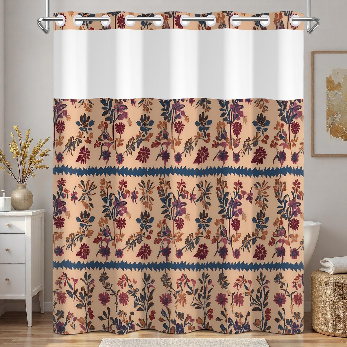 Xiazhilaio Vintage Boho Floral No Hook Shower Curtain with Snap in Liner