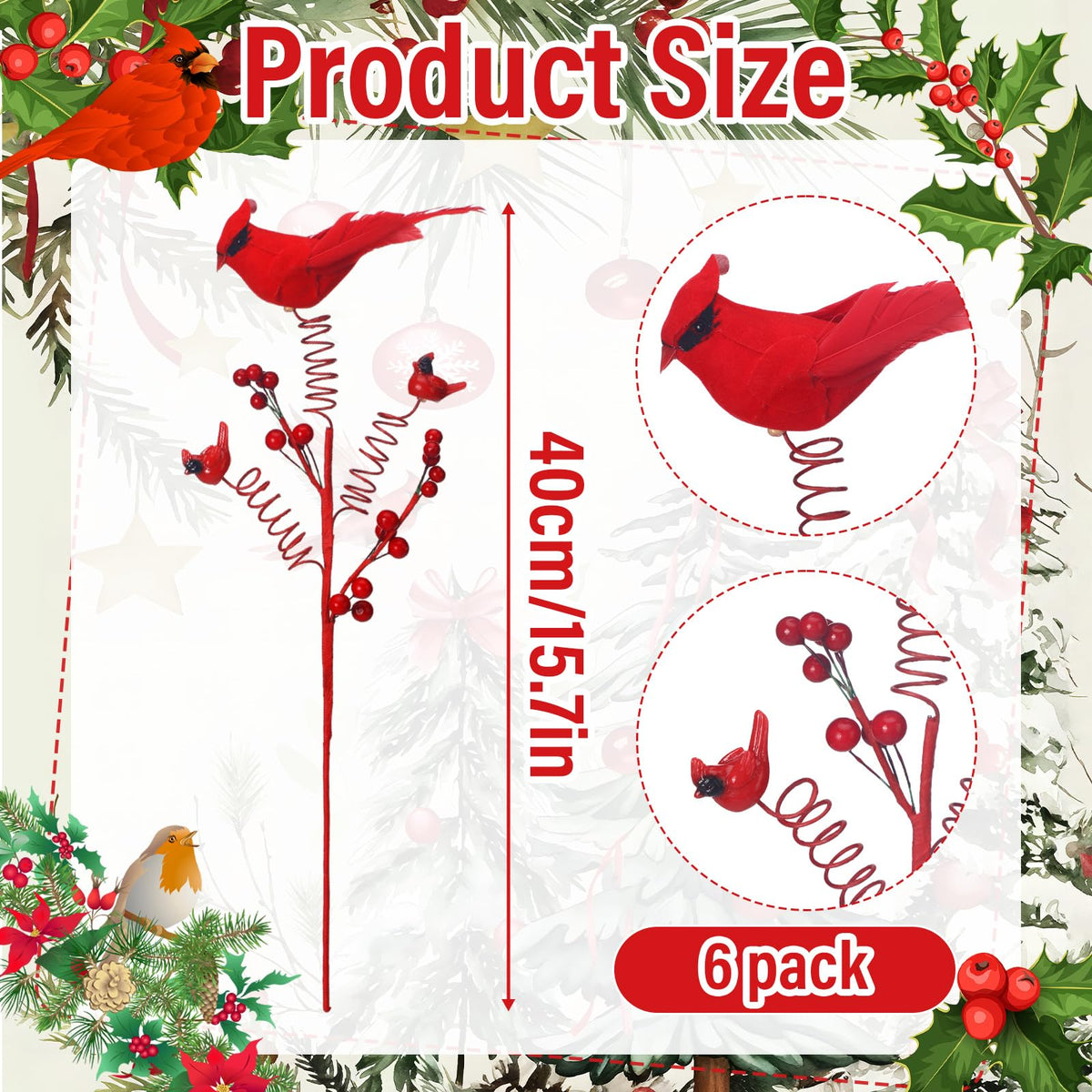 Thyle 6 Pack Cardinal Winter Tree Picks Cardinal Feathers Red Birds Decorating Stakes Artificial Red Berry Stems Holly Berry Branches for Tree Decorations DIY Crafts