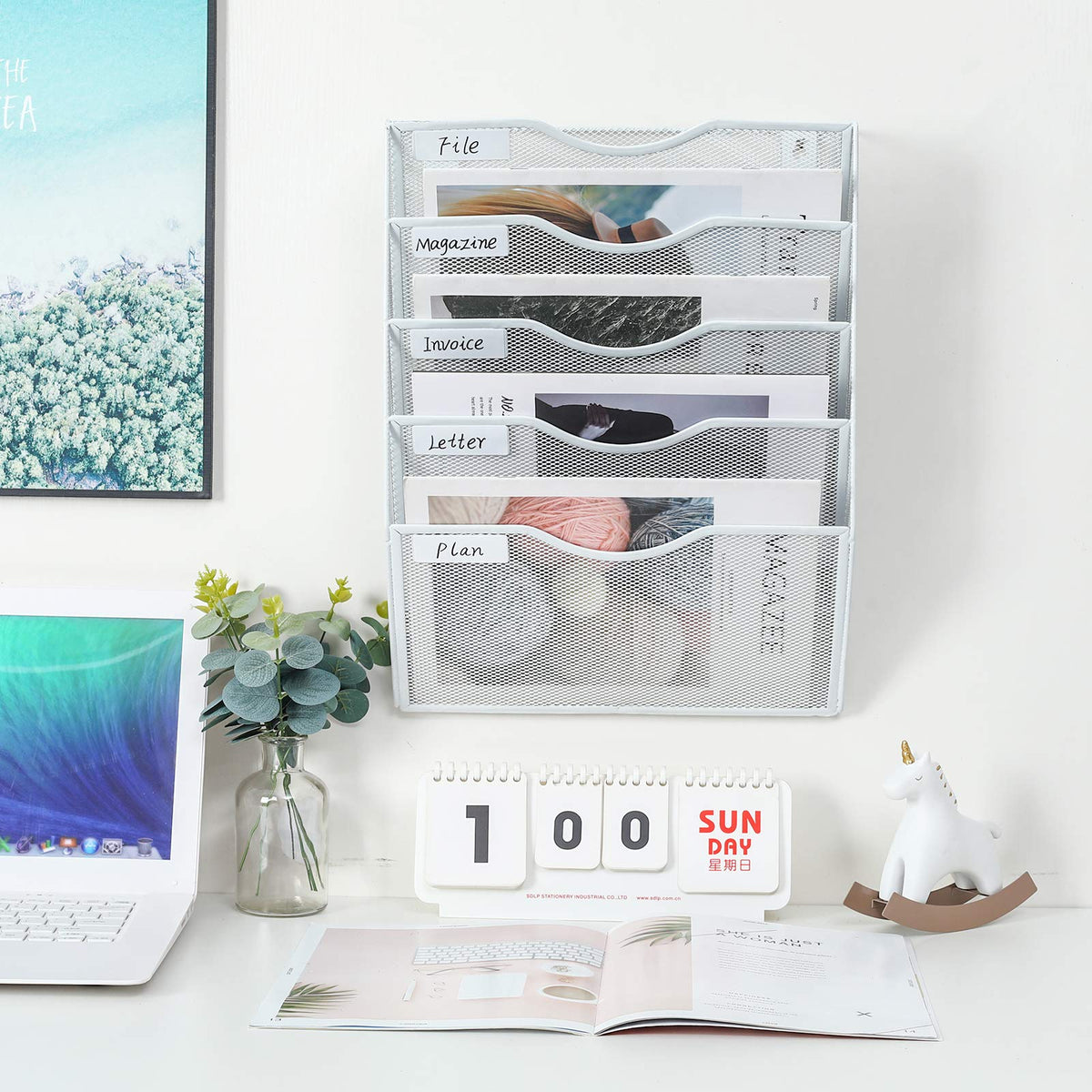 PAG Hanging Wall File Holder Mail Organizer Wall Mount Document Letter Rack, 5-Tier, White