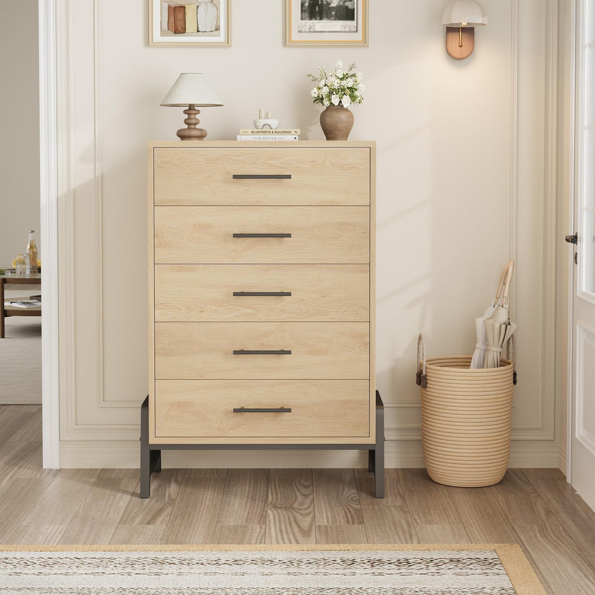 MilleLoom Tall Dresser for Bedroom, 50.5Inch 5-Drawer Chest of Drawers, Wooden Vertical Dresser with Deep Storage Drawers, Freestanding Narrow Closet Organizer for Living Room, Entryway