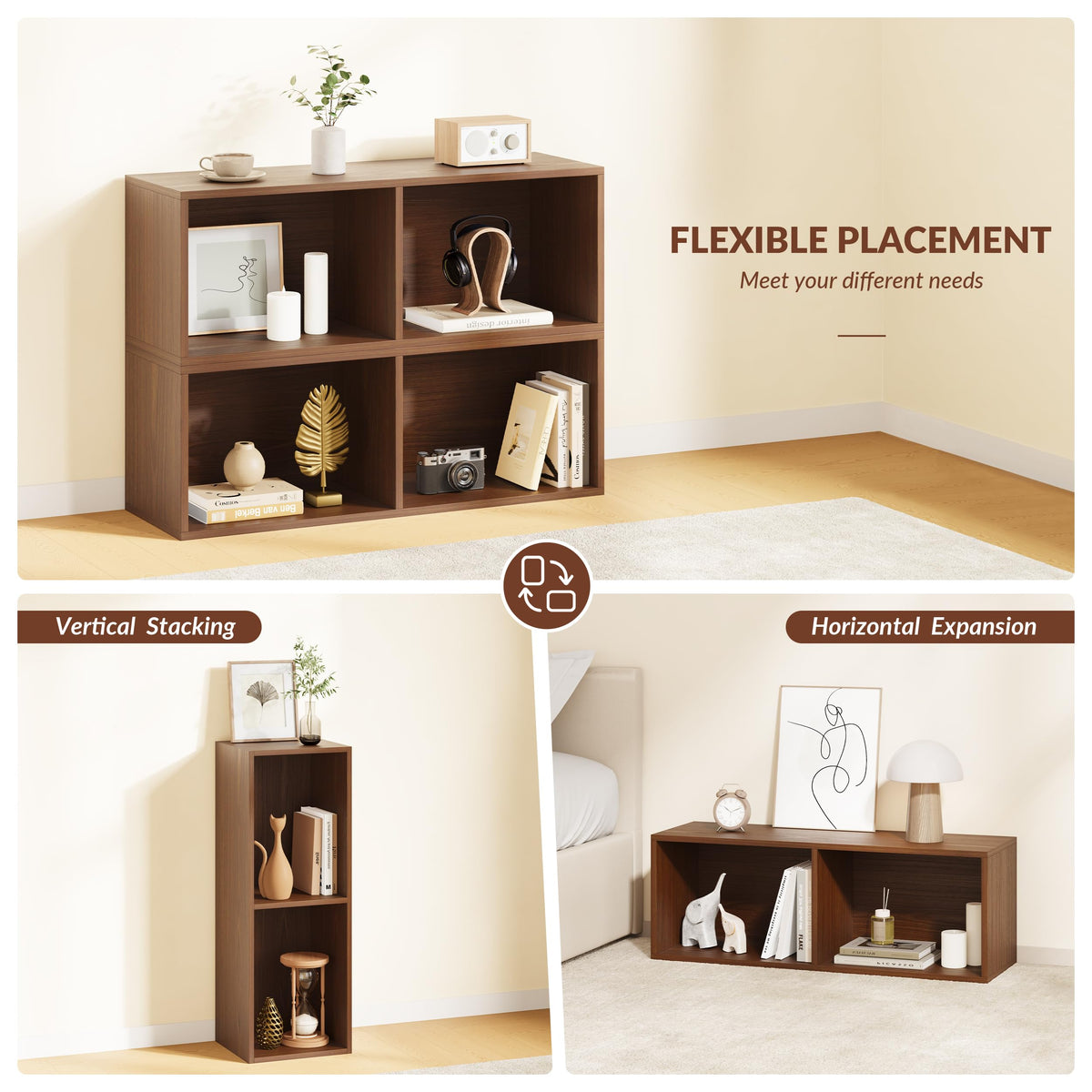 IOTXY DIY Modular Cube Bookcase - CubeXY Customizable Stackable Expandable Basic Shelving Units, 2-Cube Wooden Open Bookshelf for Miscellaneous Storage Organizer, Walnut