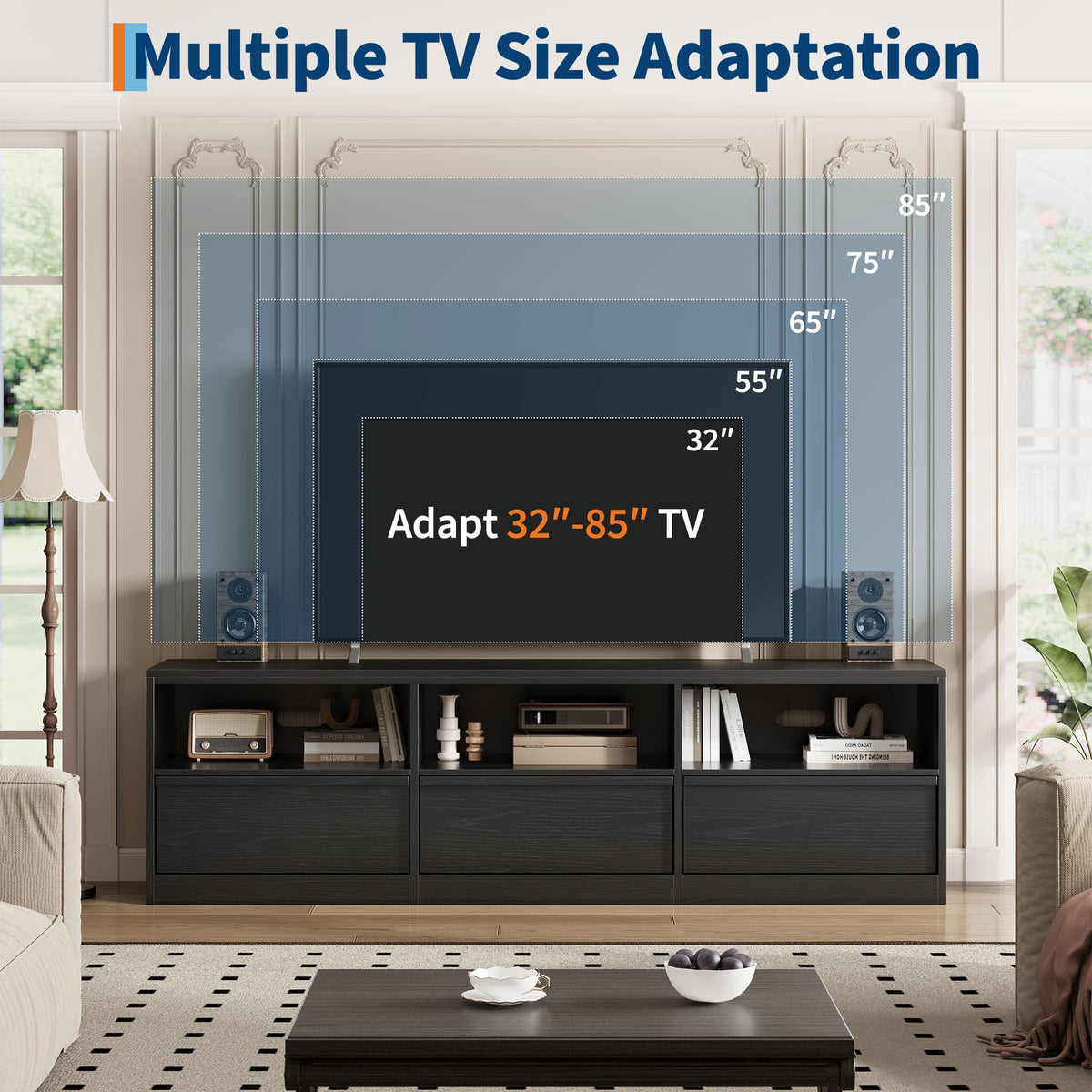 IDEALHOUSE 70" TV Stand for 75 80 Inch TV, Mid-Century Modern Entertainment Center with Storage Drawer & Open Shelves, Wood Media Console Table for Living Room & Bedroom, Black