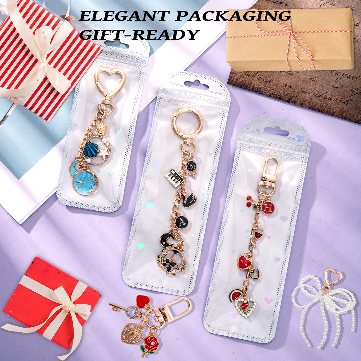 Wurosi 544Pcs Charms Lip Gloss Keychain Making Kit, Bag Charm Kits with Key Chain Hooks, Charms, Chains, Jump Rings, Lobster Clasps, Plier, Gift Bags & Tools, DIY Craft Supplies, Valentines Gifts