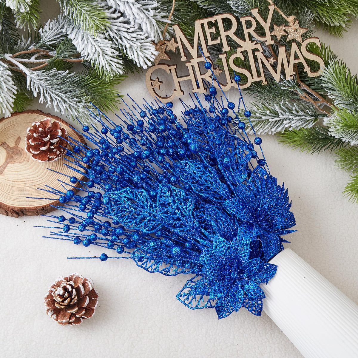 24 Pack Christmas Tree Ornaments - Artificial Flowers Glitter Berry Stems Christmas Floral Picks Branches for Xmas Tree Decorations Vase Filler Holiday Wedding Party Home Decor (Blue)