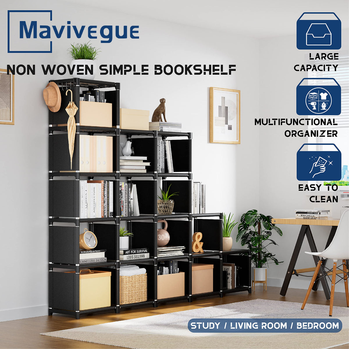 Mavivegue Bookcase, 18-Cube Extra Large Book Shelf, DIY Cube Storage Organizer for Bedroom, Living Room, Home Office - Black