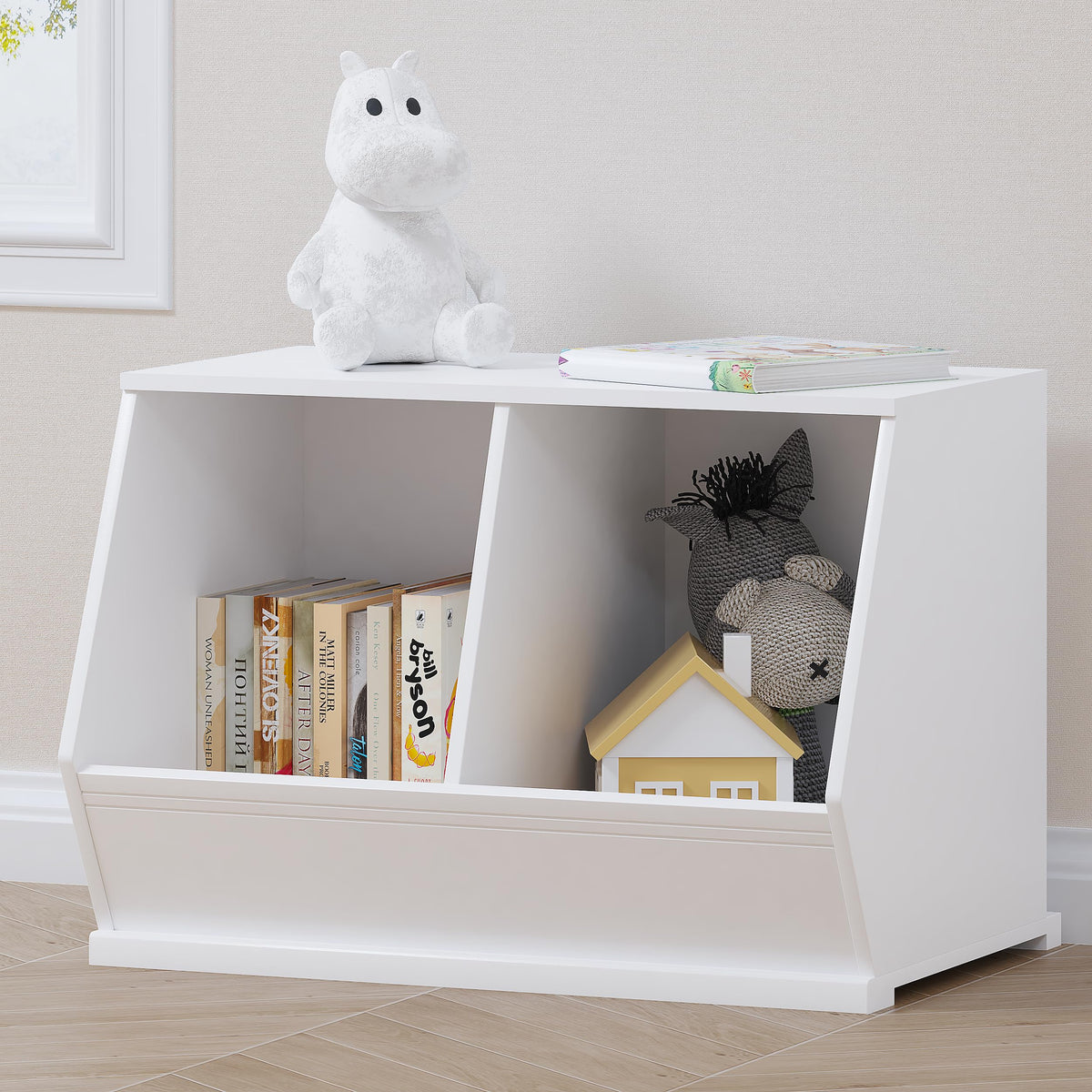 UTEX Stackable Toy Storage Cabinet, Wooden Cubby Organizer, White Shelf for Playroom, Bedroom, Living Room, Nursery, 2 Cubes