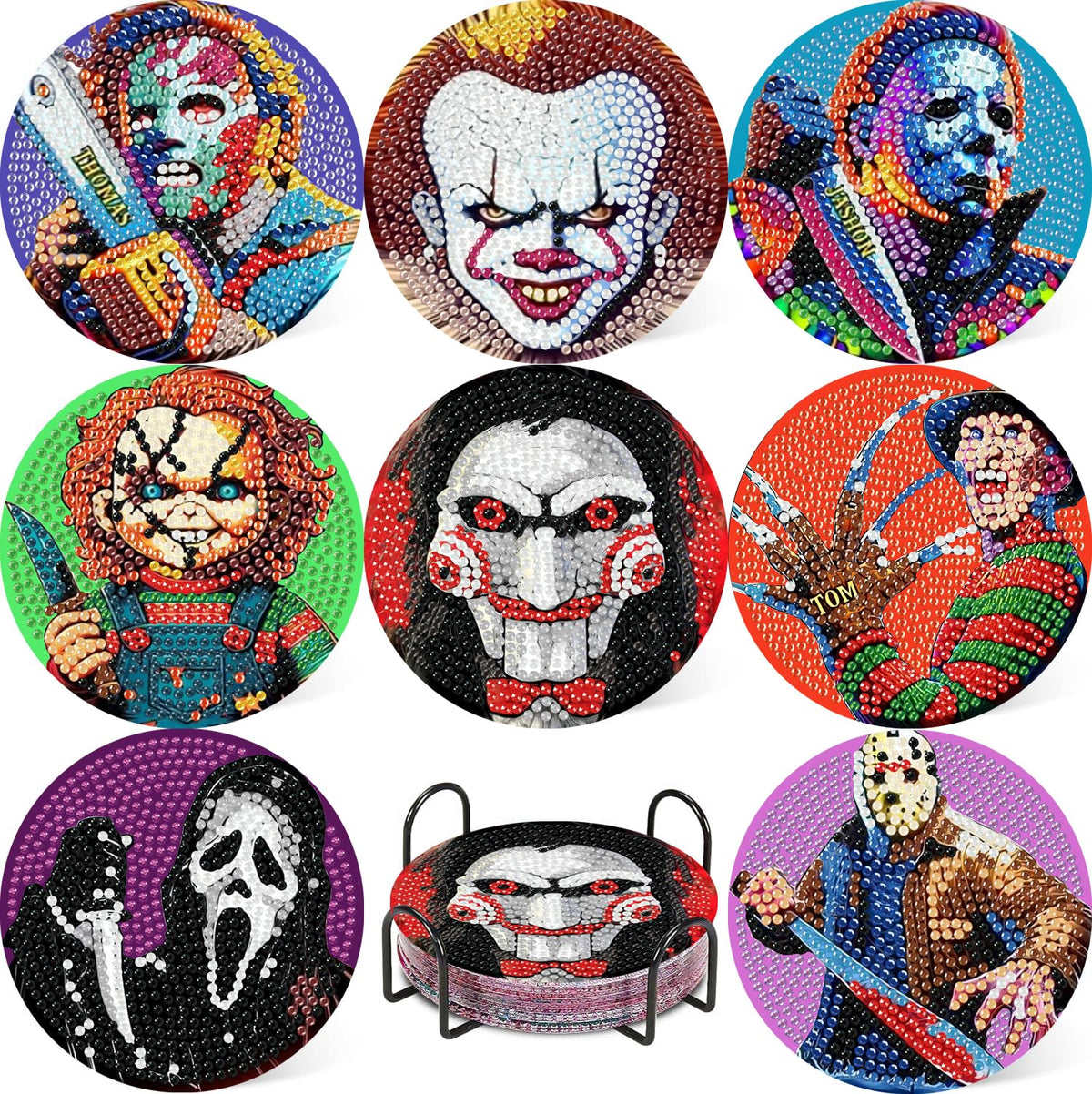 NEGEKFKX 8 Pcs Halloween Diamond Art Painting Coasters Kits,Horror Coaster with Holder for Adults, Non-Slip DIY Dot Paint Craft Kits,5D Full Drill DIY Diamond Dot Gem Art Kit Home Decor Arts Craft