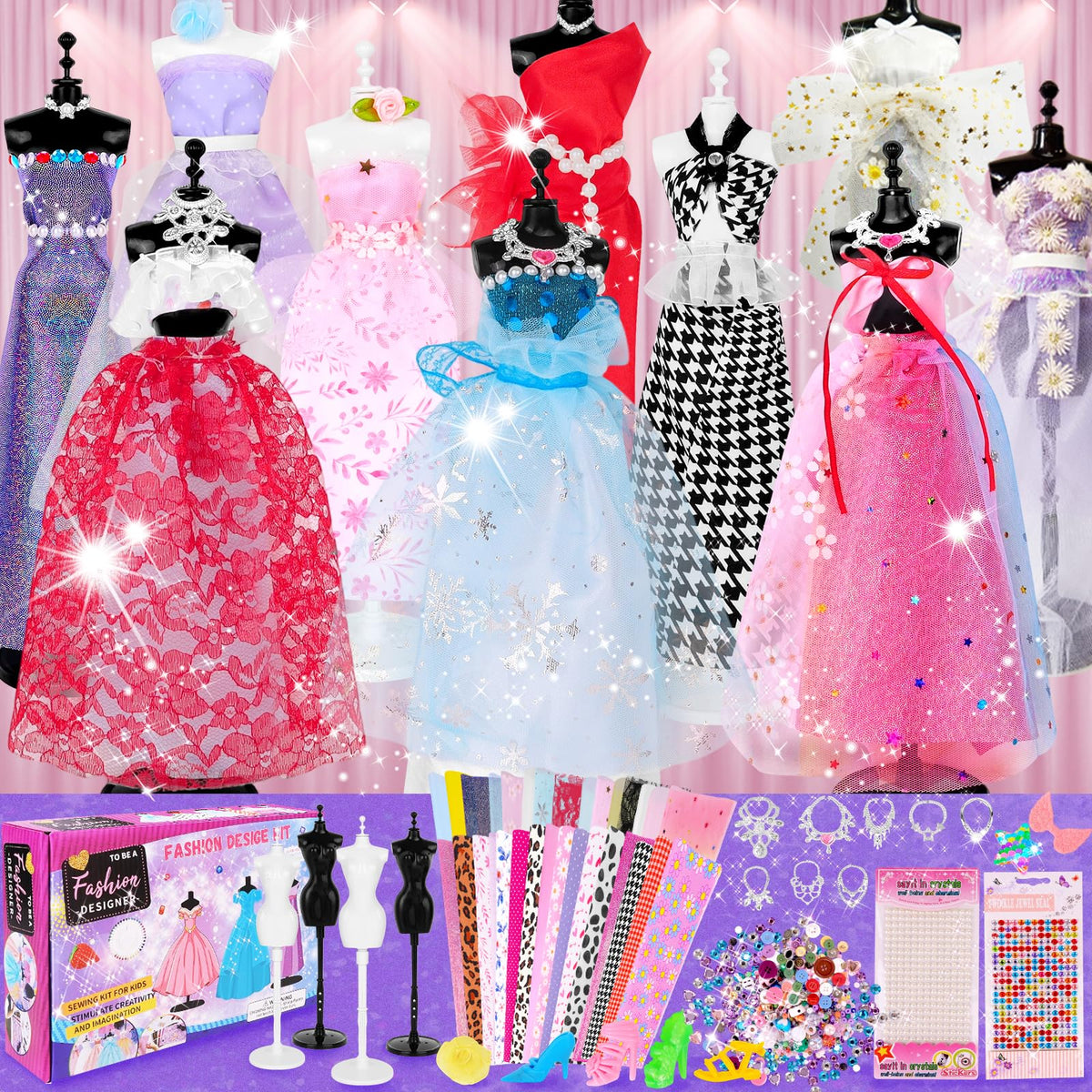 1000+ PCS Fashion Designer Kits for Girls, Sewing Kit for Kids with 4 Mannequins, DIY Doll Clothes Dress Making Kit, Arts and Crafts Sewing Kit Birthday Gifts for Teen Girls Age 6 7 8 9 10 11 12+