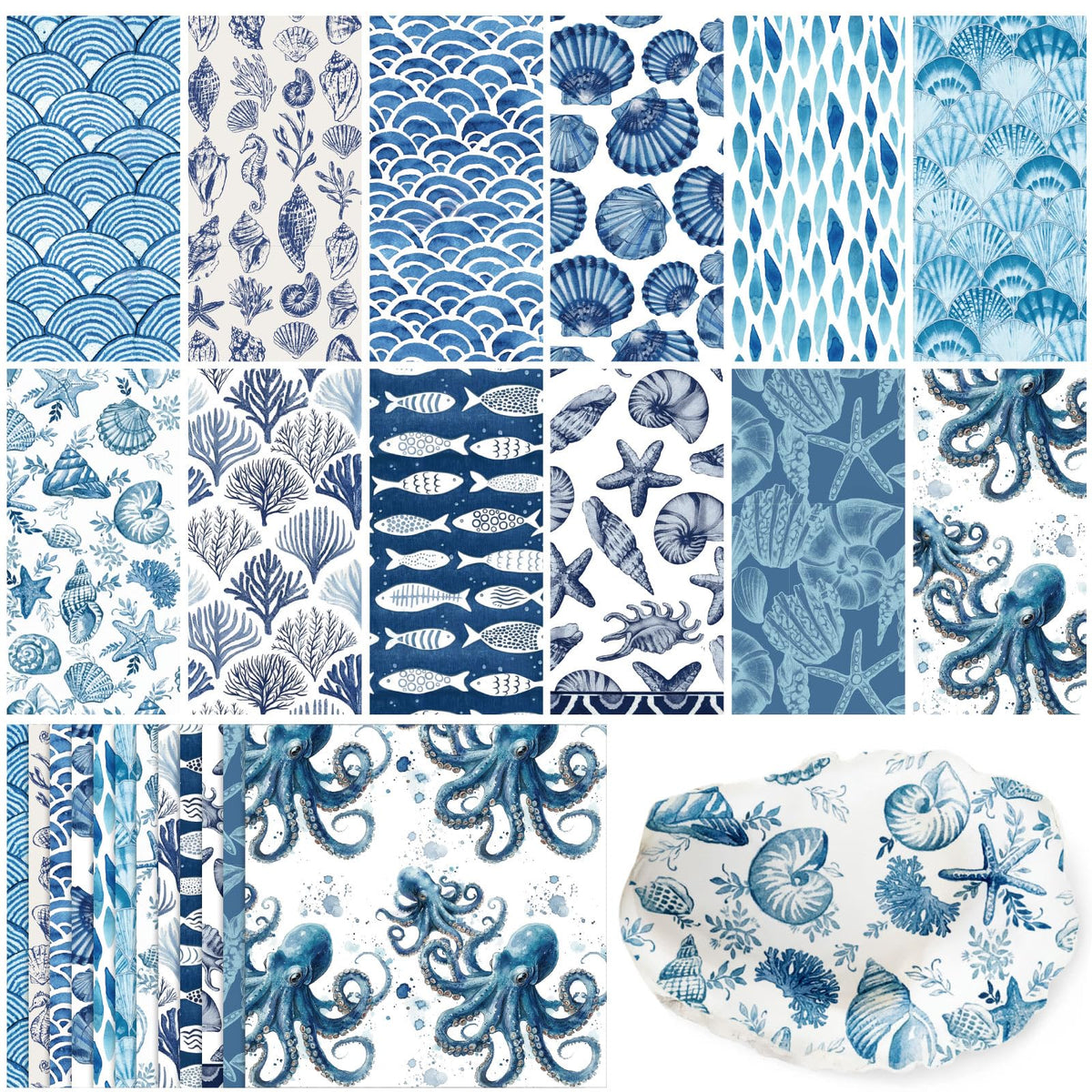 Glenmal 120 Pack Coastal Beach Blue Style Decoupage Paper Napkins, 12 Styles Decorative Cocktail Napkins for DIY Crafting Guest Tea Party Scrapbook Holiday Birthday Wedding Baby Shower, 13 Inch