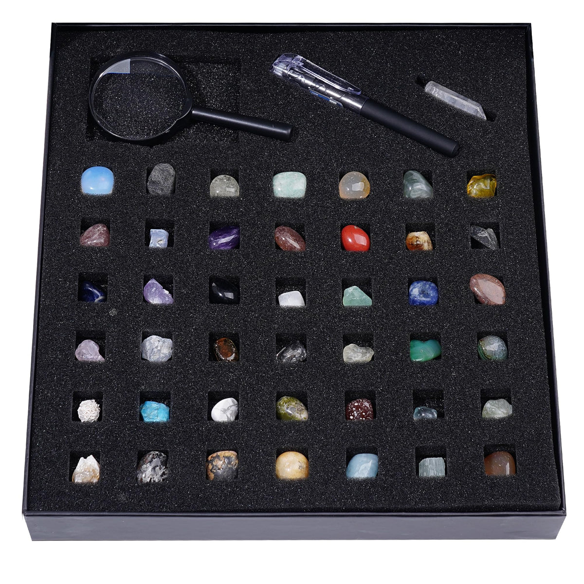 Natural Crystal Mineral Collection Kit - 43 Pcs Natural Rocks & Gemstones with Magnifying Glass, Pen & Crystal Guidebook, Geoscience Starter Collection Set for Kids & Adults Rock Enthusiasts