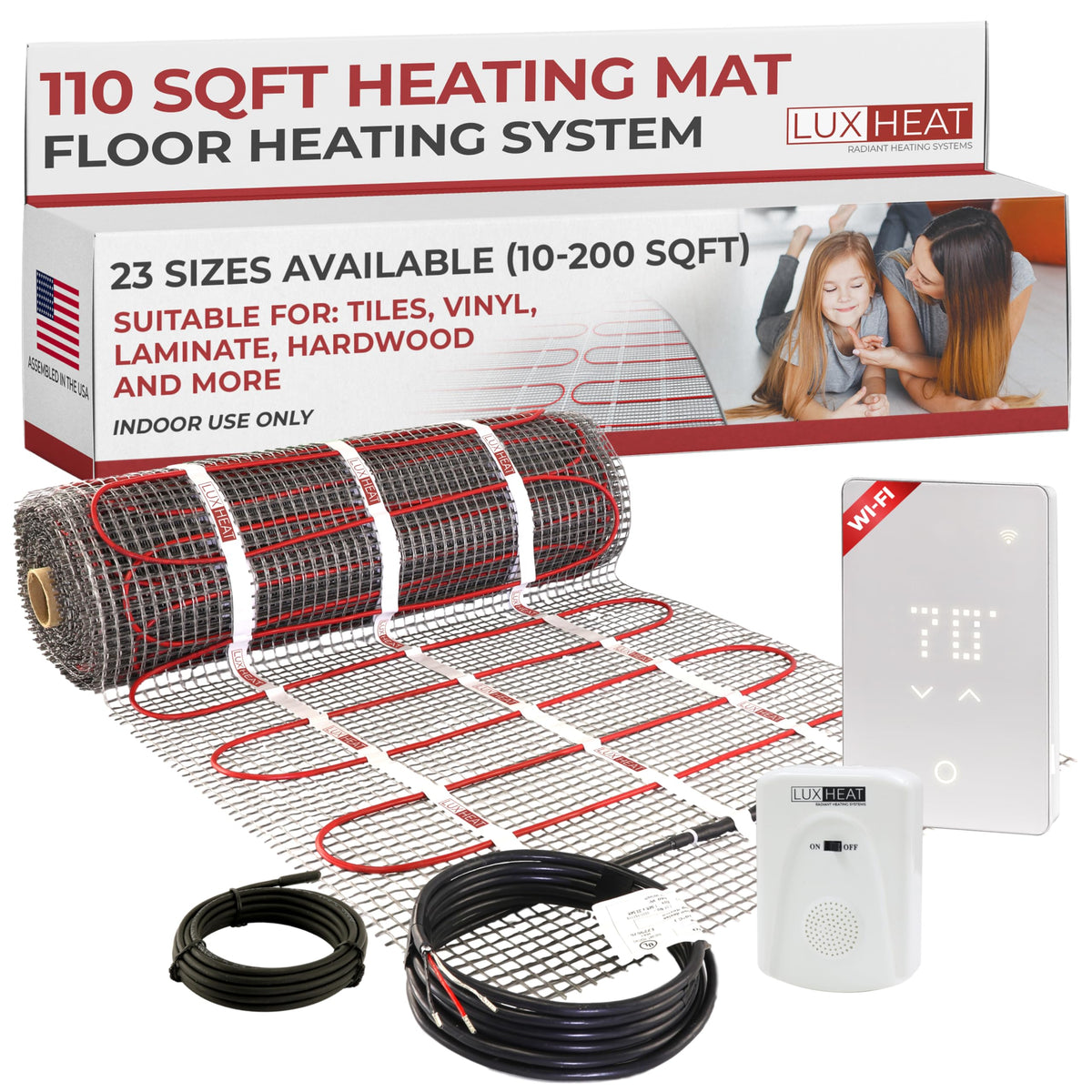 LuxHeat 110sqft Floor Heating Mat Kit - 120v Radiant Floor Heat System for Tile - Easy to Install Infloor Heat System - Includes UWG5 WiFi Programmable Thermostat w/GFCI, Alarm & Flooring Sensor