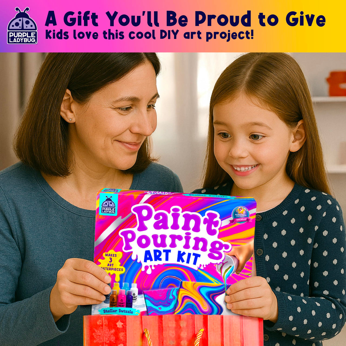 PURPLE LADYBUG Low-Mess Paint Pouring Art with Gloves & Table Cover - Washable & Non-Toxic Kids Painting Kit, Art and Crafts for Kids Ages 8-12, Birthday Gifts for 6+ Years Old, Crafts for Girls 8-12