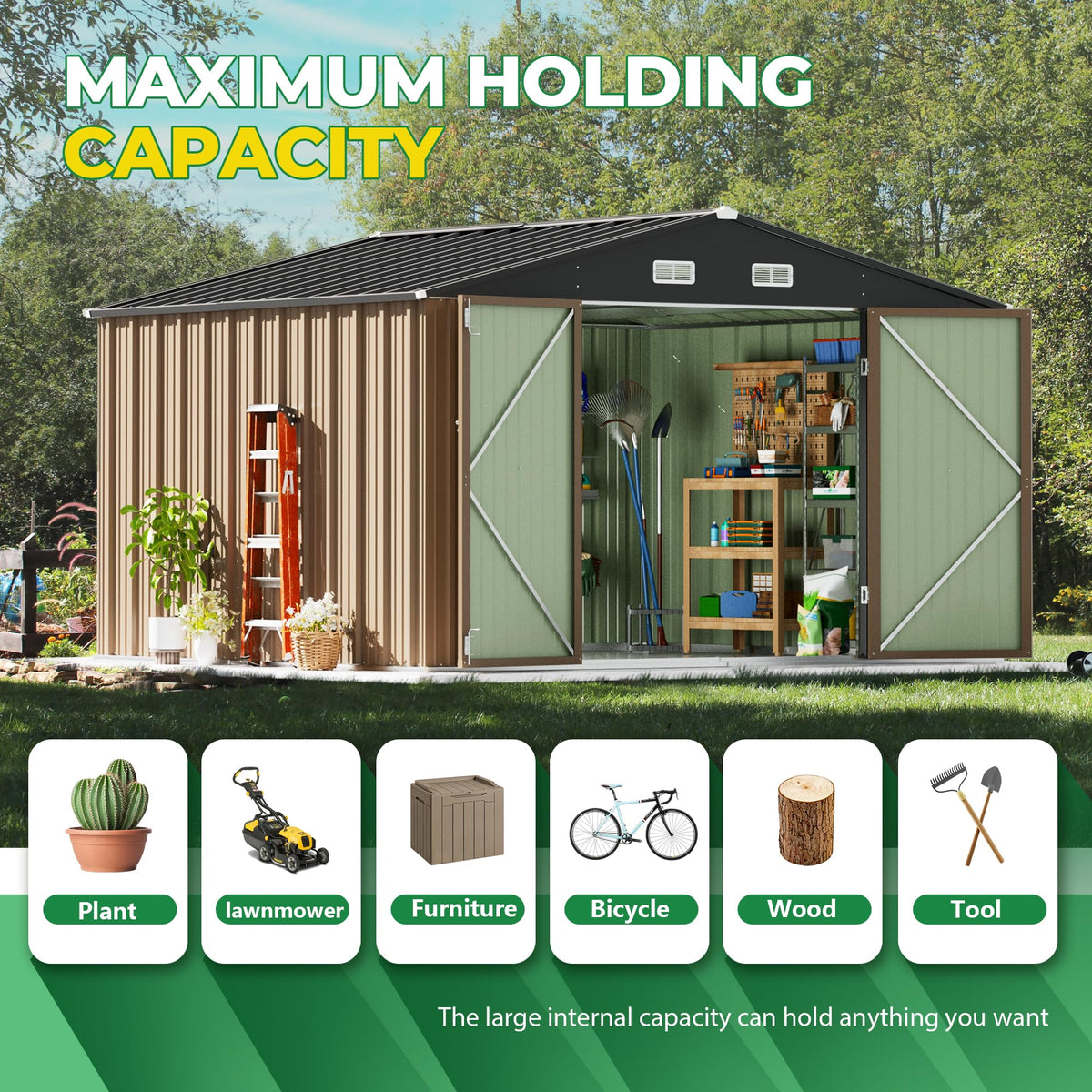 Devoko 10 x 10 FT Outdoor Storage Shed, Metal Garden Sheds & Outdoor Storage Clearance, Large Tool Shed Outdoor with Single Lockable Door for Patio Lawn Backyard (Brown)