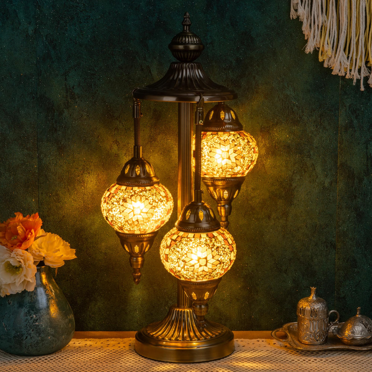 Marrakech Turkish Lamp 3 Globes Moroccan Table Lamp with Bronze Base, 23" Tall Handmade Yellow Tiffany Mosaic Glass Night Light Fixture Including LED Bulb for Living Room Bedroom Decor