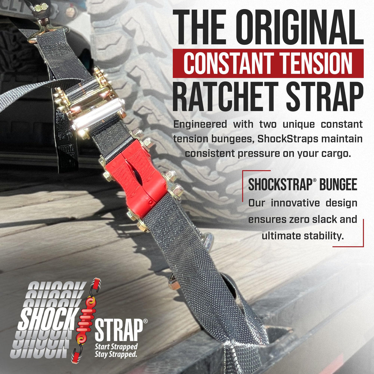 SHOCKSTRAP Ratchet Strap, 9' x 2" Shock Absorbing Heavy Duty Tie downs for Cargo, 2,000 LB WLL / 6,000 LB Break Strength, 4-Pack