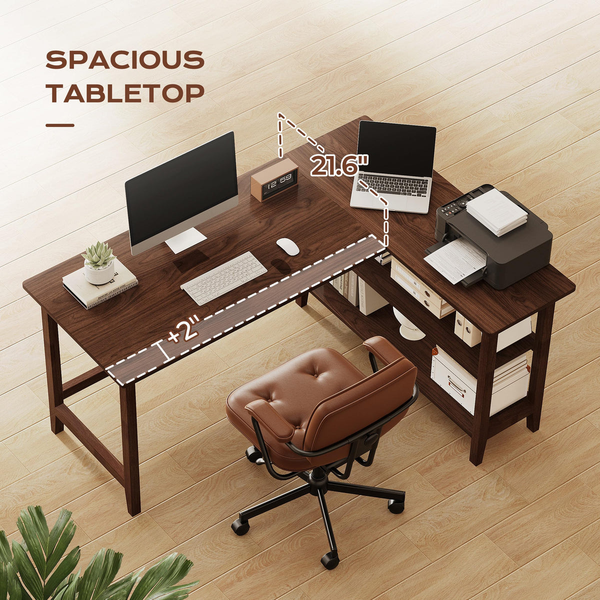 IOTXY Reversible L-Shaped Office Desk - 53" Modern Corner Computer Table with Storage Shelves, Solid Wood Legs, Home Writing & Study Workstation, Walnut