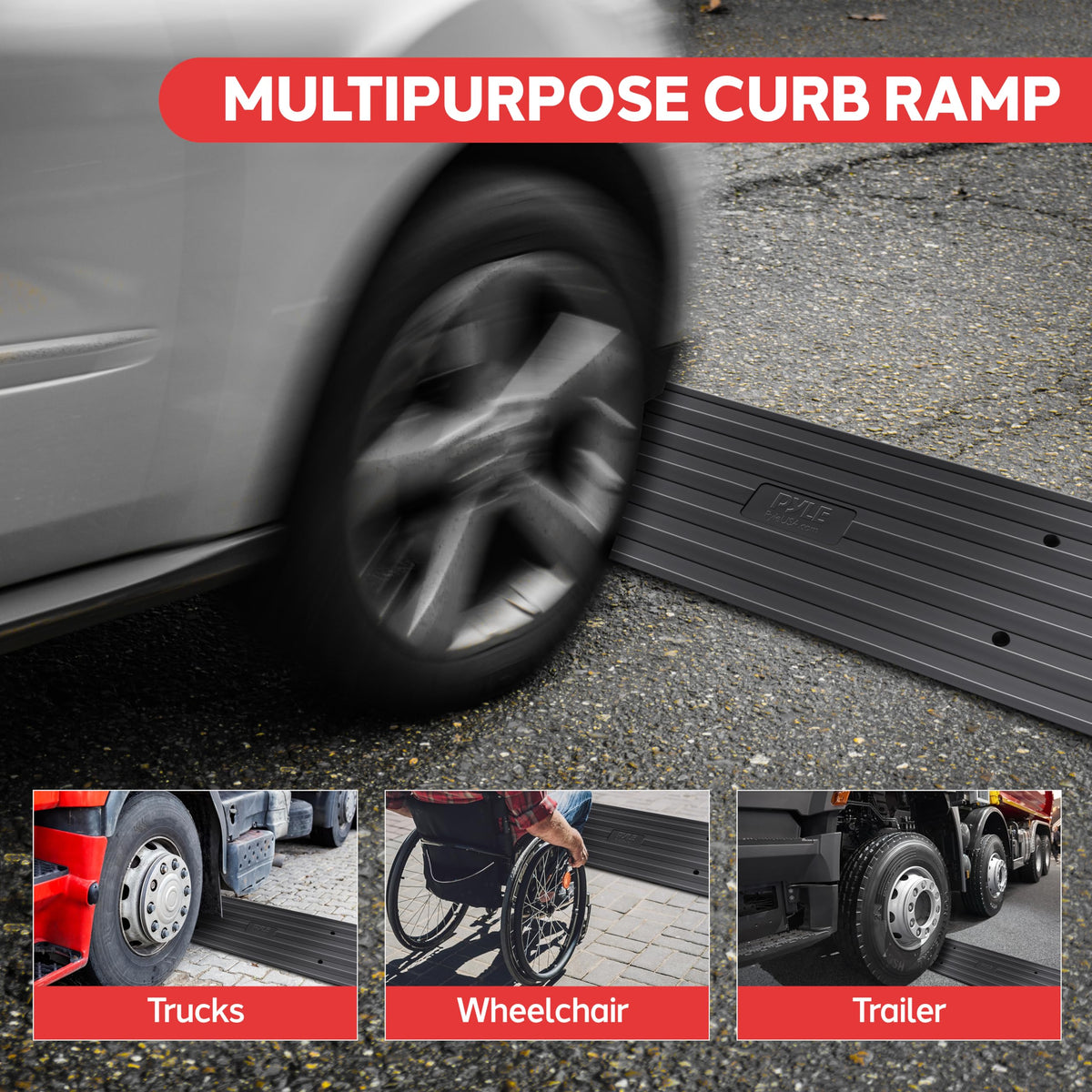 Car Vehicle Curbside Driveway Ramp - 4ft Heavy Duty Rubber Threshold Bridge Track Curb Ramp, for Loading Dock, Garage, Sidewalk, Truck, Scooter, Bike, Motorcycle, Wheelchair Mobility - Pyle PCRBDR21