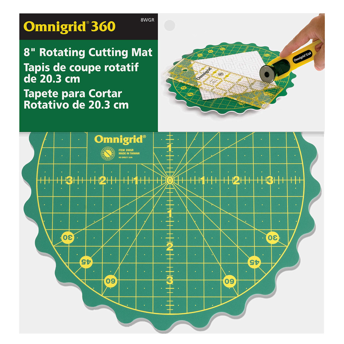Omnigrid 360 Rotating Self-Healing Cutting Mat, 8 Inch Precision Fabric Cutting Mat with Durable Surface for Quilting, Sewing & Crafts