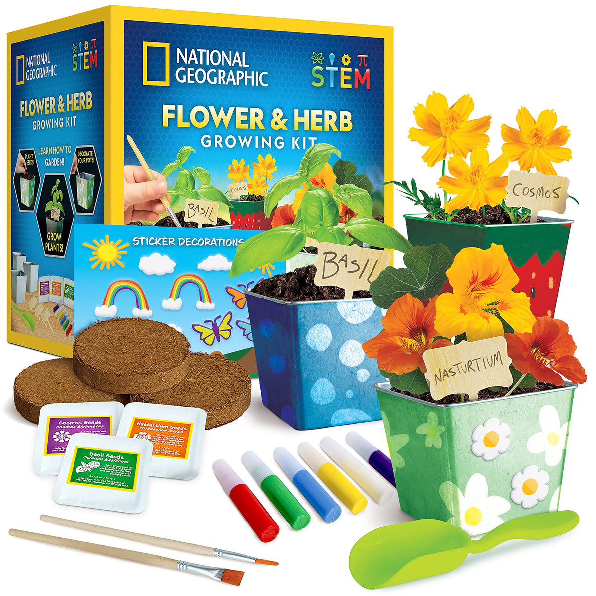 National Geographic Flower & Herb Gardening Kit for Kids - Gardening Set with 3 Stainless Steel Pots, Paint & Stickers, Kids Plant Growing Kit