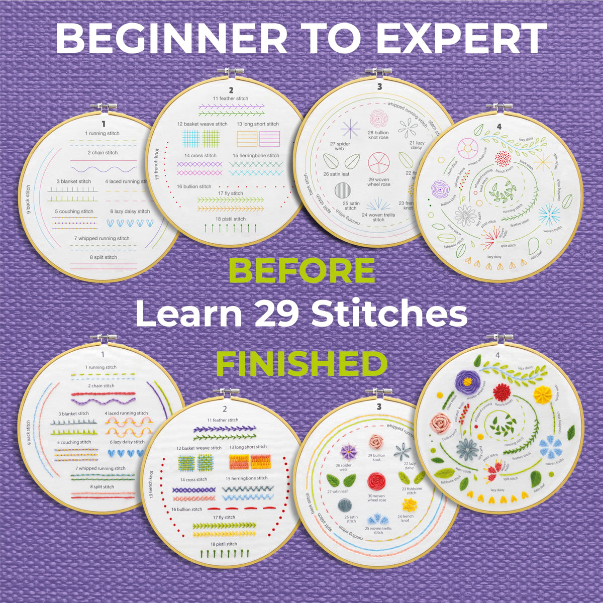 Craftwiz 4-Piece Starter Embroidery Kit for Beginners and Expert with Simple Patterns, Learn 29 Stitches with Hand Embroidery Kit
