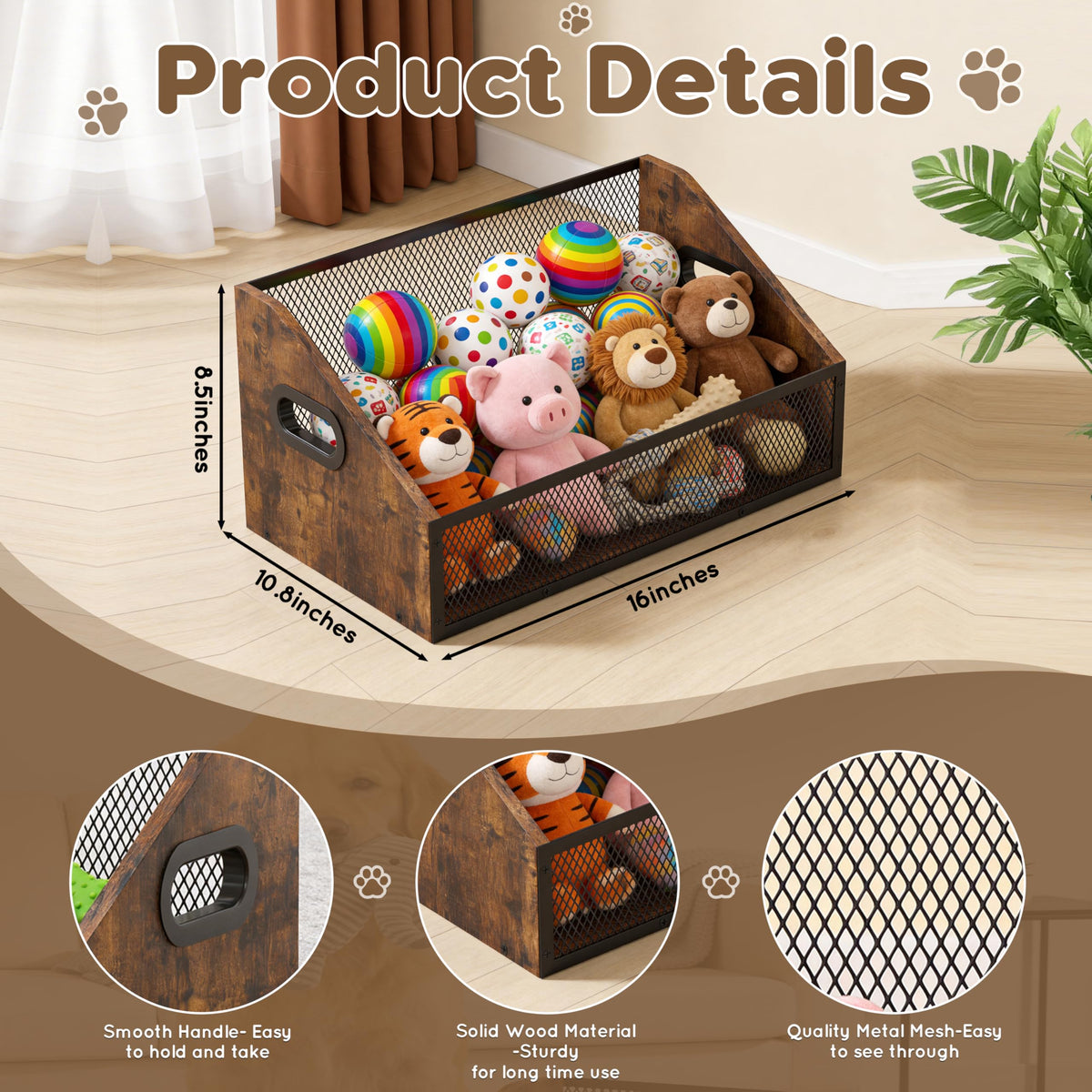 Piskyet Wood Dog Toy Basket,Dogs Storage Organizer,Dog Toy Box,Dogs Toys Bin,Large Cat Toys Basket Box for Living Room Area Wooden Organizing Storage(Rustic Brown)