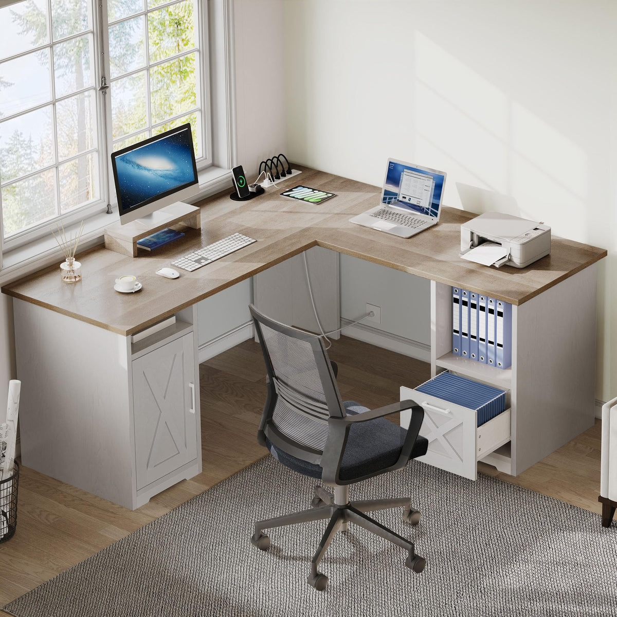 DWVO L Shaped Desk with File Drawer, 60" Corner Computer Desk with Power Outlets, Home Office Desk with Monitor Stand & Storage Shelves & File Cabinet, Grey Wash