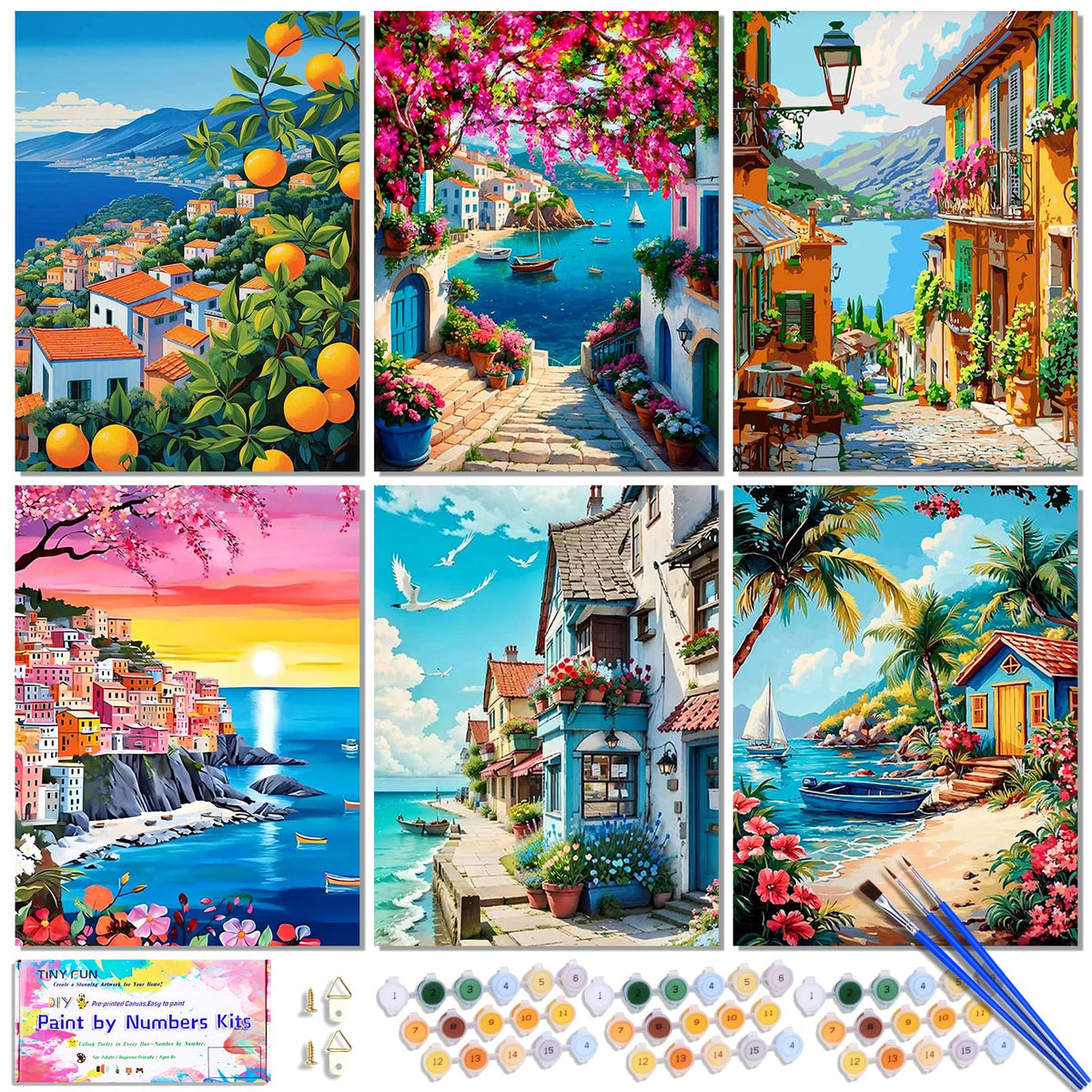 6 Pack DIY Paint by Number Kit for Adults - Mediterranean Coastal Scenery Oil Painting Set, 12x16 Inch Canvas (No Frame), 18 Vivid Acrylic Paints - Stress Relief Art Craft for Home Decor & Gifts