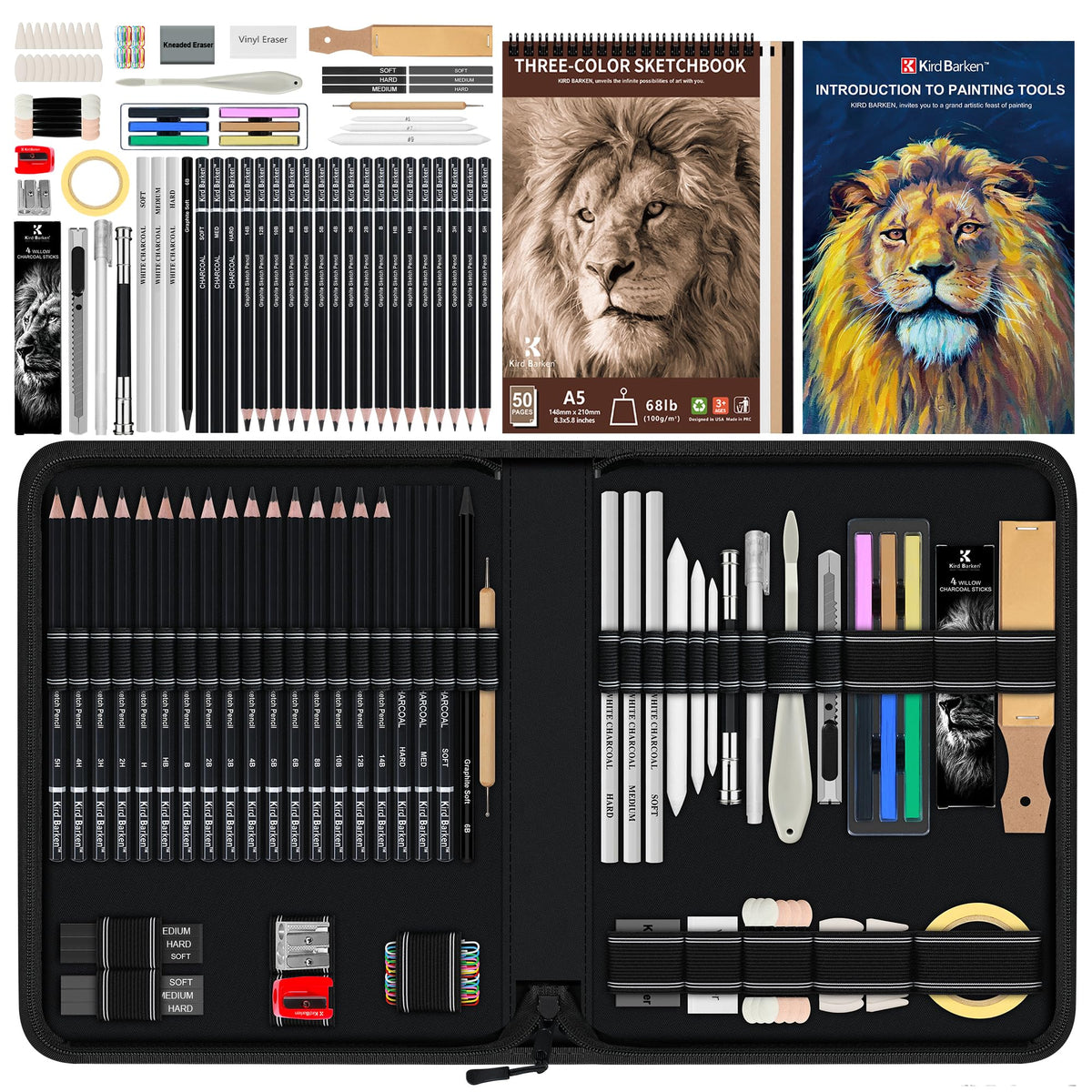 Kird Barken 112 PCS Professional Drawing Set Sketch Kit with 3-Color Sketchbook, Graphite & Charcoal Pencils,Sketching Supplies for Shading & Blending – Ideal for Artists, Adults, Teens & Beginners