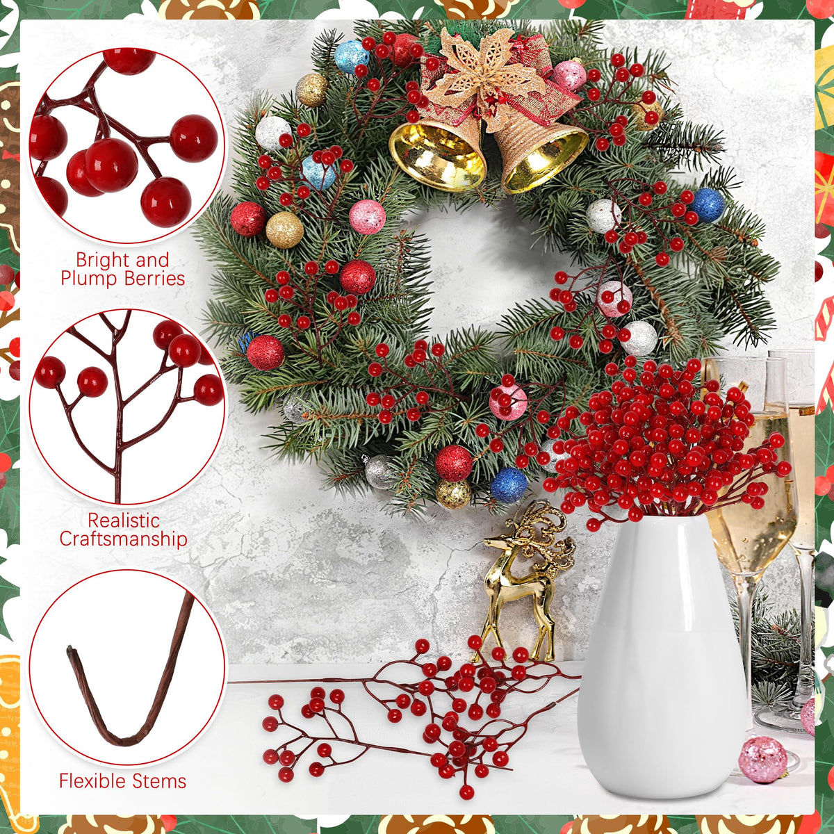 Vipay 24 PCS Christmas Tree Decorations, 7.08 in Red Berry Stem, Artificial Berry Picks Floral Pick for Wreath, Burgundy Holly Berries Branches Christmas Decor for Flowers DIY Garland