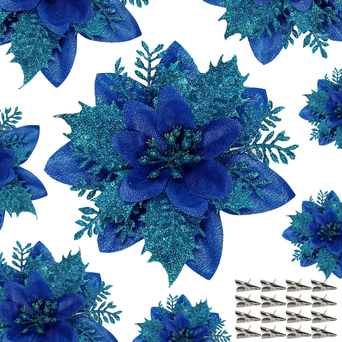 Childom 15 PCS Blue Poinsettia Flower Artificial Poinsettias with Clips Christmas Decorations Glitter Poinsettia Christmas Ornaments Xmas Tree Flowers with Stems DIY Xmas Wreath Holiday Party Decors