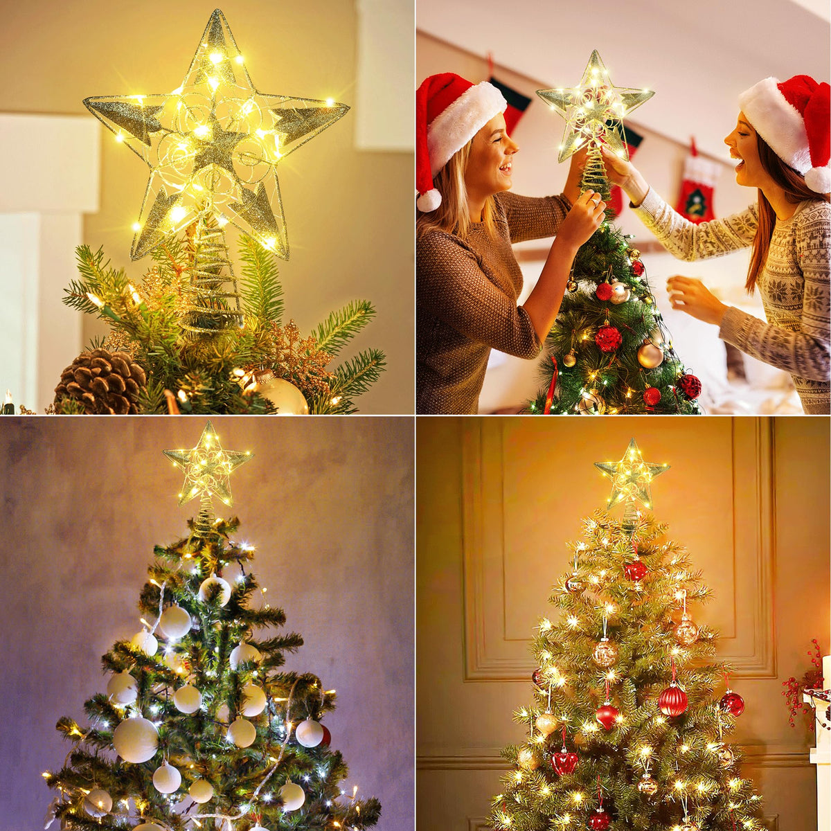 Brizled Gold Christmas Tree Topper Lights, 8" Hollow-Out Star Tree Topper with 20 LED Warm White Lights, Battery Powered Xmas Tree Topper 5 Point Star Treetop for Christmas Tree Home Party Decor