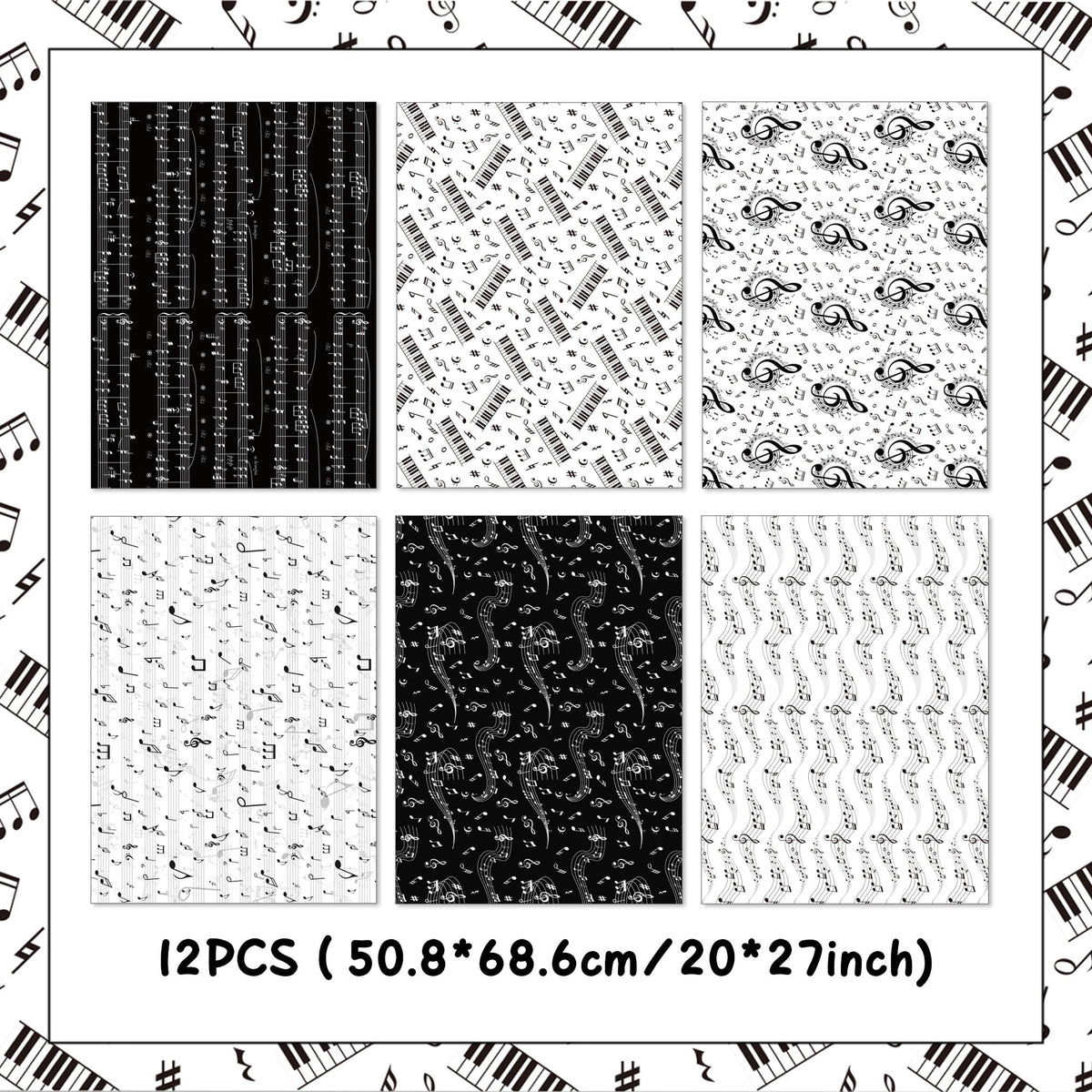 12 Sheets Music Notes Wrapping Paper Black White Pattern Gift Wrap Paper Music Themed Birthday Wrapping DIY Crafts Papers Party Favors Supplies