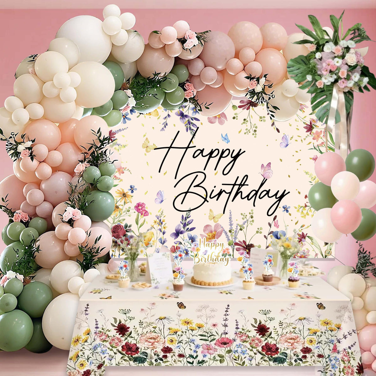 Wildflower Birthday Decorations for Women Girls, Sage Green Dusty Pink Balloon Arch Garland Kit with Floral Happy Birthday Backdrop, 12 Cupcake Toppers, Boho Spring Garden Party Supplies