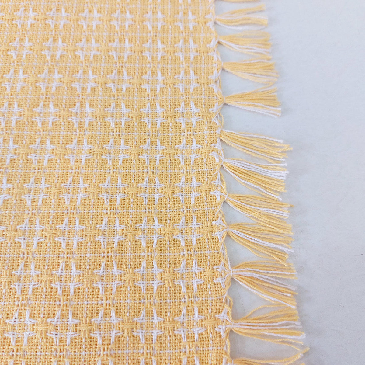 The Season Thread Table Cloth, Yellow/White Woven Fringed, 100% Cotton Table Cover, Size 52x52 Inch, Suitable for Formal Dining, Everyday Meals and Casual Occasions.