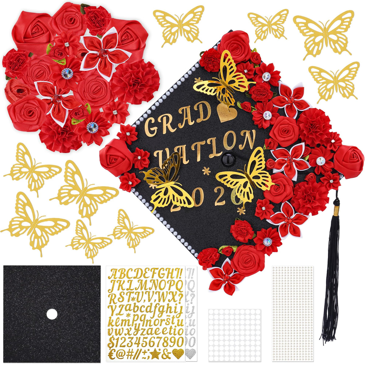 VISSTREE DIY Graduation Cap Decoration, 56 Pcs Cap Decorations for Graduation Kit 2026 DIY Grad Cap Graduation Gift with Red Paper Flowers 3D Glitter Butterfly Custom Number Letter Stickers Decor