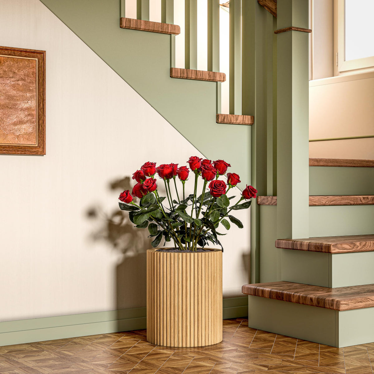 SHYFOY Fluted Wooden Round Indoor Outdoor Planters, Cylinder Decorative Floor Vase Flower Plant Pots for Living Room Dining Bedroom Home Corner