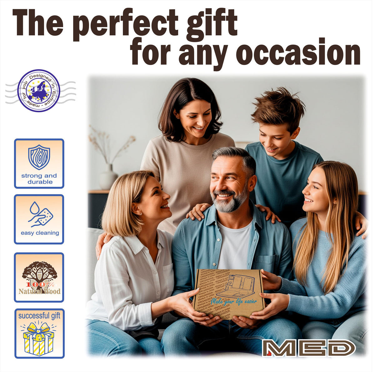 MED Wood Phone Docking Station for Men – Nightstand Organizer & Charging Station for Multiple Devices – Birthday Gift for Husband Dad, Father's Day – Holds Phone, Watch, Wallet, Keys (Dark Walnut)