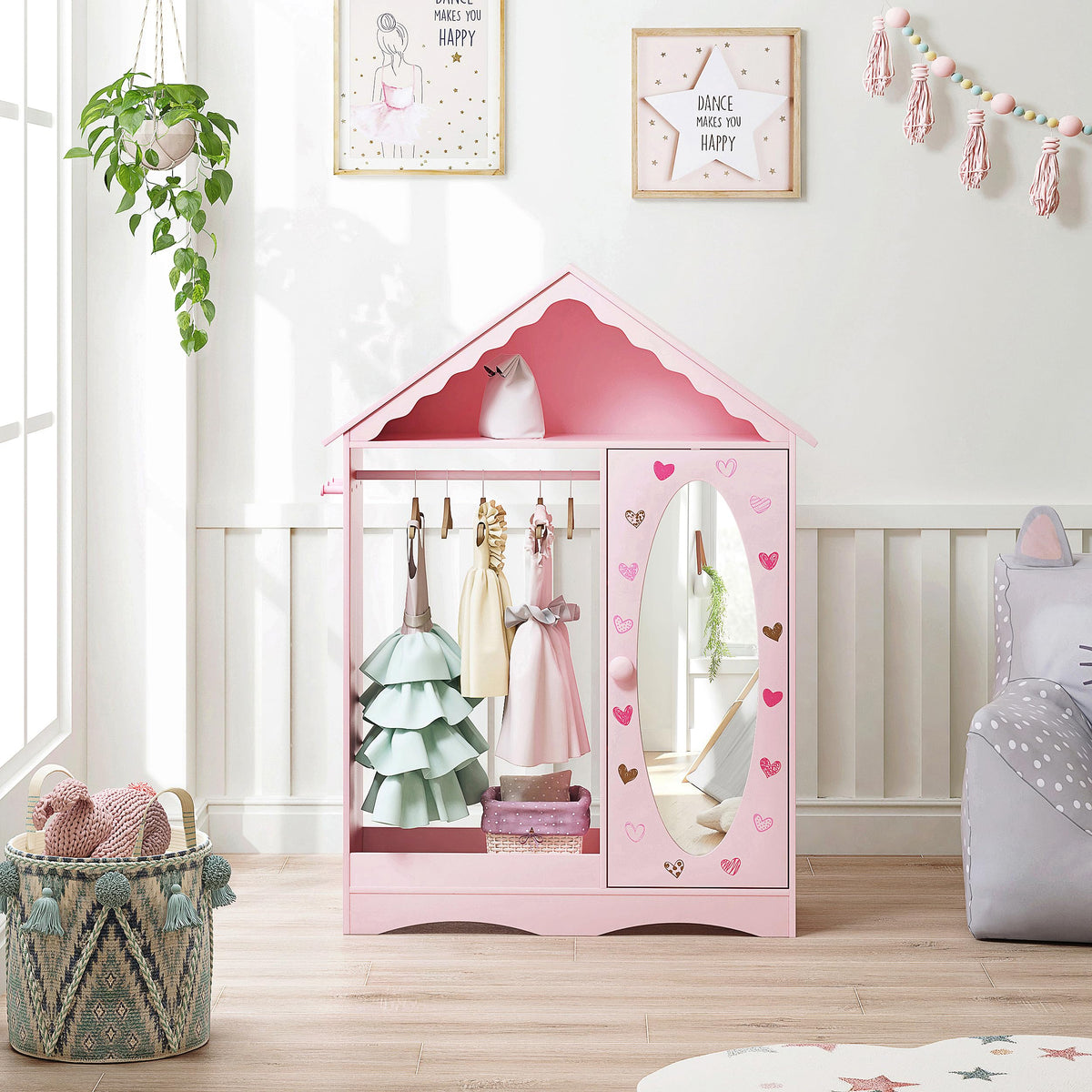 UTEX Kids Dress Up Storage with Mirror, Kids Wardrobe Closet, Dress Up Armoire for Little Girls, Open Hanging Costume Organizer with Storage Cabinet for Kids Room, Playroom