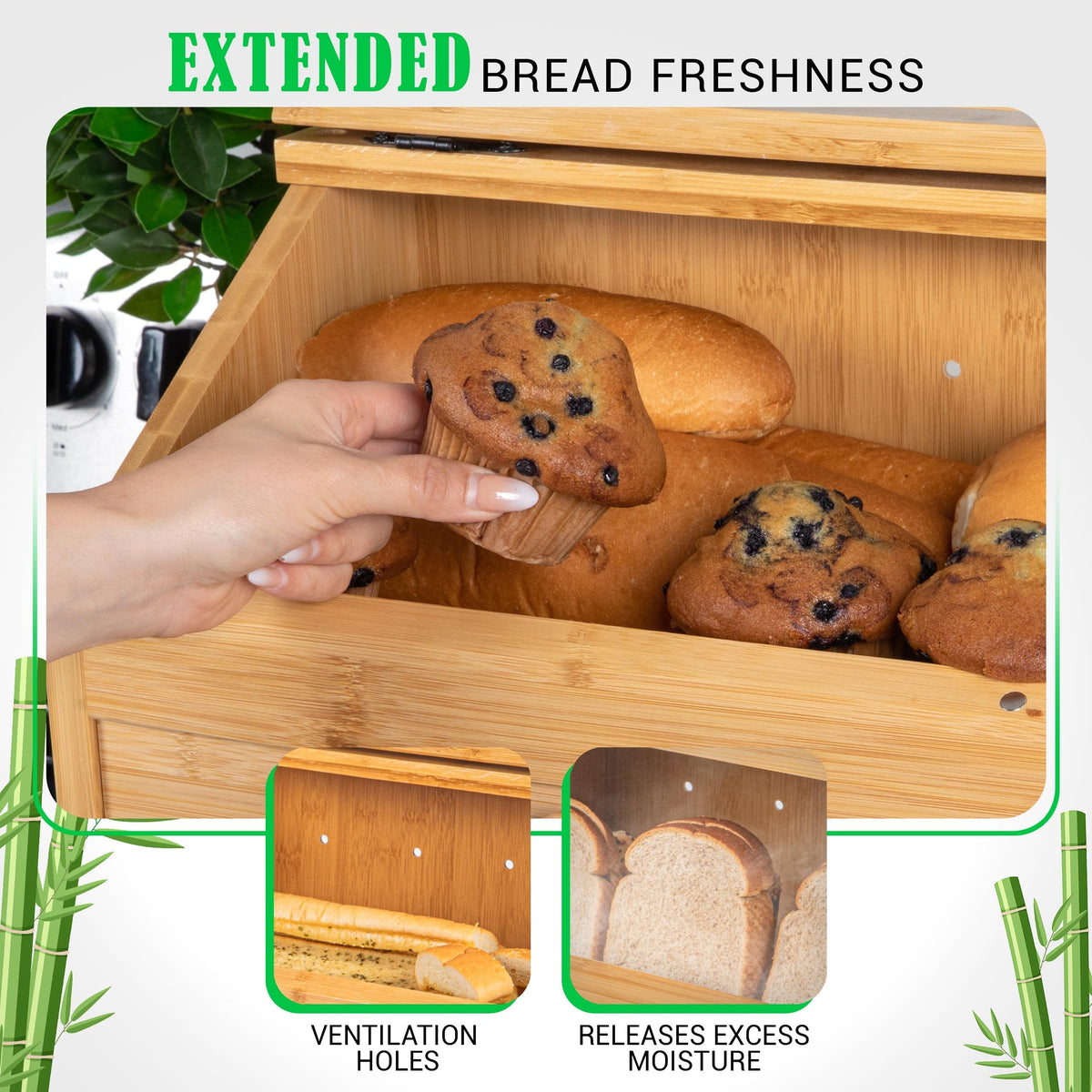 3J2 Discoveries Bread Box for Kitchen Countertop – Large Wooden Bamboo Bread Box with Cutting Board (SELF-ASSEMBLY)