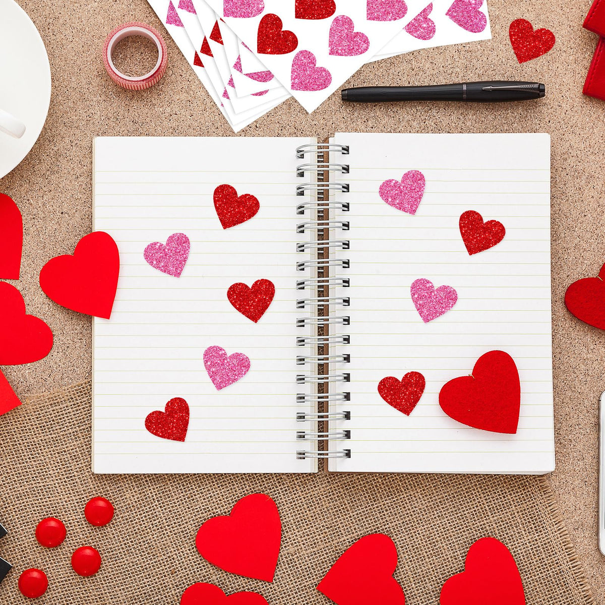 Whaline 500Pcs Valentine's Day Glitter Heart Stickers Pink Red Heart Shape Adhesive Decals Valentines Love Hearts Sticker Labels Decorative Envelope Seal Stickers for Wedding Anniversary Party