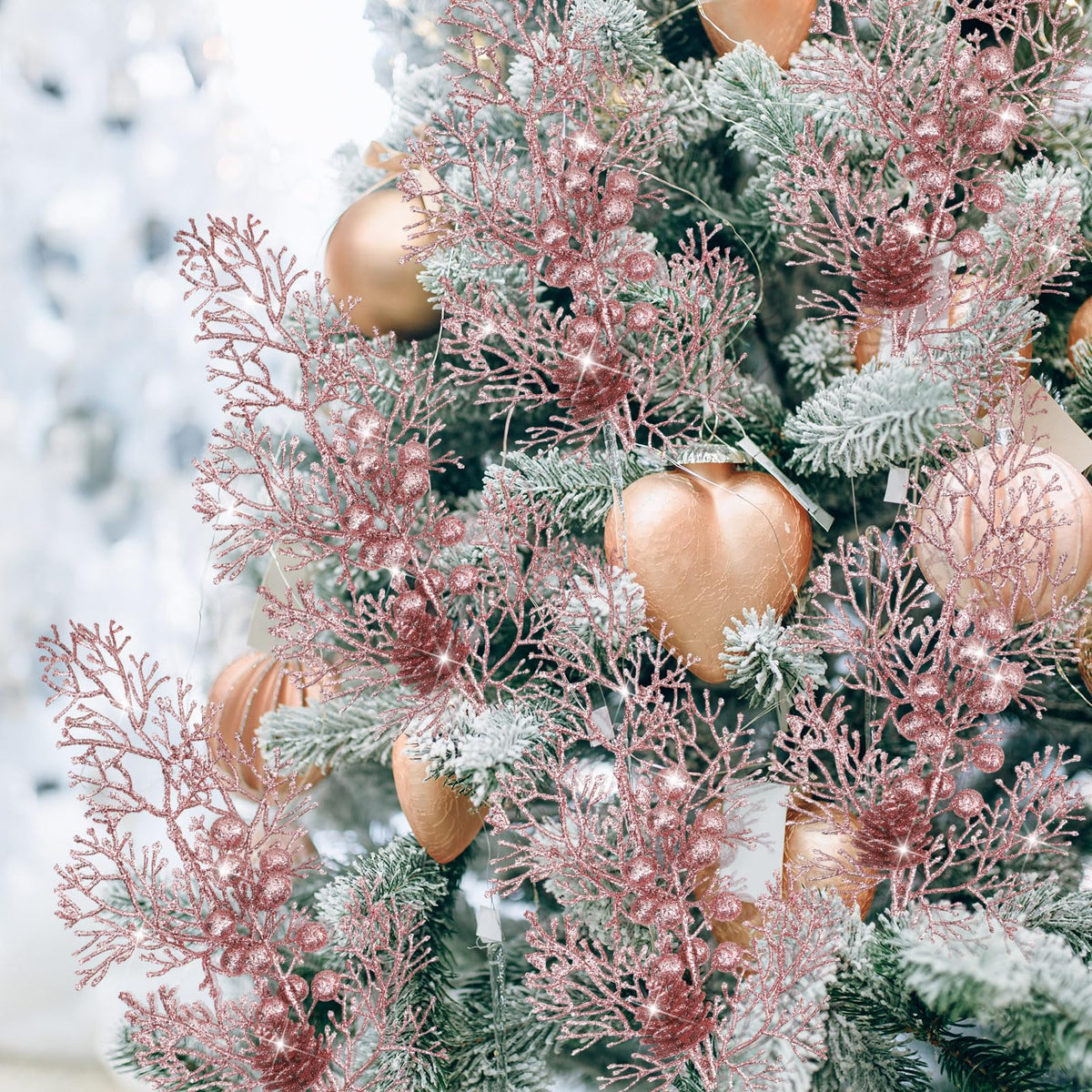Tigeen 12 Pcs Christmas Tree Picks Bulk Artificial Christmas Tree Filler Glitter Berries Stems Branches Floral Decorations 15.75'' Xmas Sprays Twigs Berry Picks for Vase (Rose Gold)