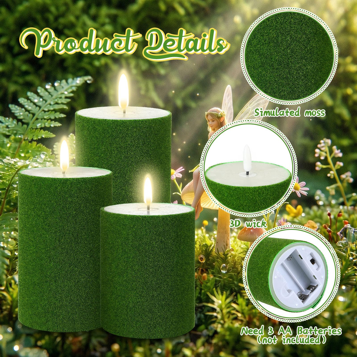 Glooglitter 3 Pcs Enchanted Fairy Forest Flameless Candles Battery Operated, Nutcracker Drum LED Candle with Remote Timer, Drum Flameless Candles for Natural Altars Fairy Scenes Wedding Decorations