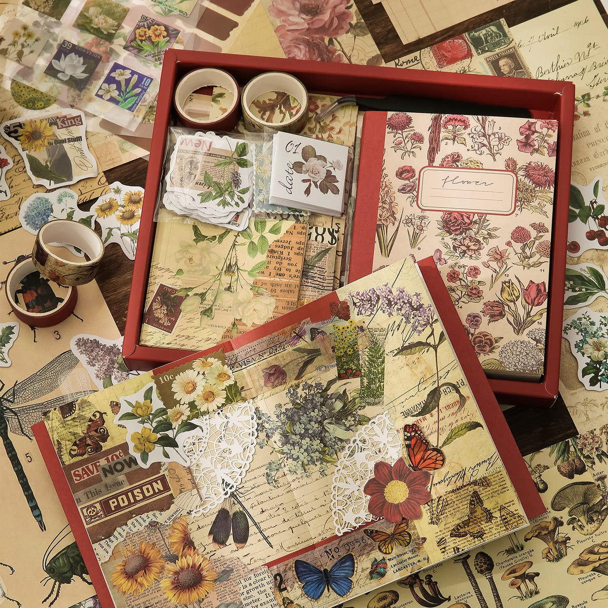 emmoolife Vintage Aesthetic Scrapbooking Supplies Kit, Flowers Botanical Bullet Junk Journal Kit with Journaling Supplies, Tweezers, A6 Grid Notebook,Stationery,Sticker, Birthday Craft Gift for Adult