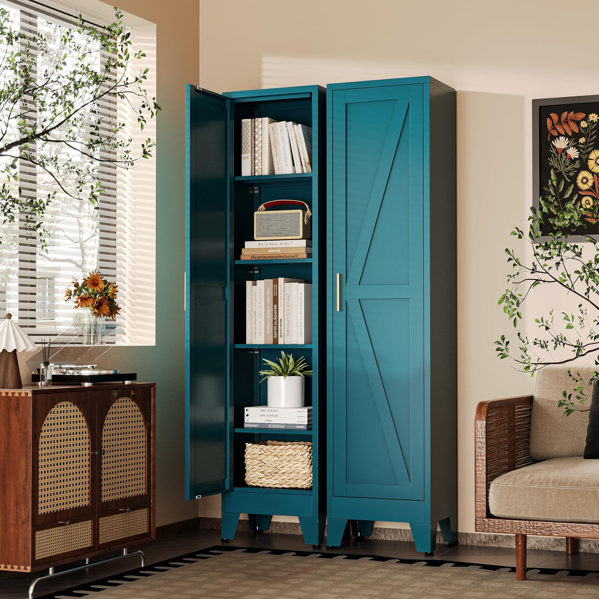 QPRVPTOW 67" H Broom Closet Storage Cabinet,Metal Cleaning Cabinet,Narrow Storage Cabinets with 4 Adjustable Shelves,Slim Tall Floor Cabinet