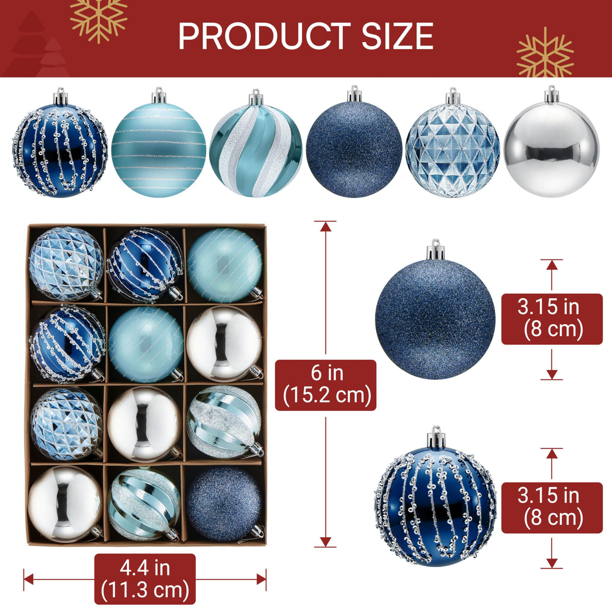 JOYIN 12 Pcs Blue Silver Christmas Balls Ornaments Set, 3.15'' Glittering Tree Hanging Christmas Decorations, Xmas Large Shatterproof Indoor Decor for Tree Wreath Holidays Wedding Party