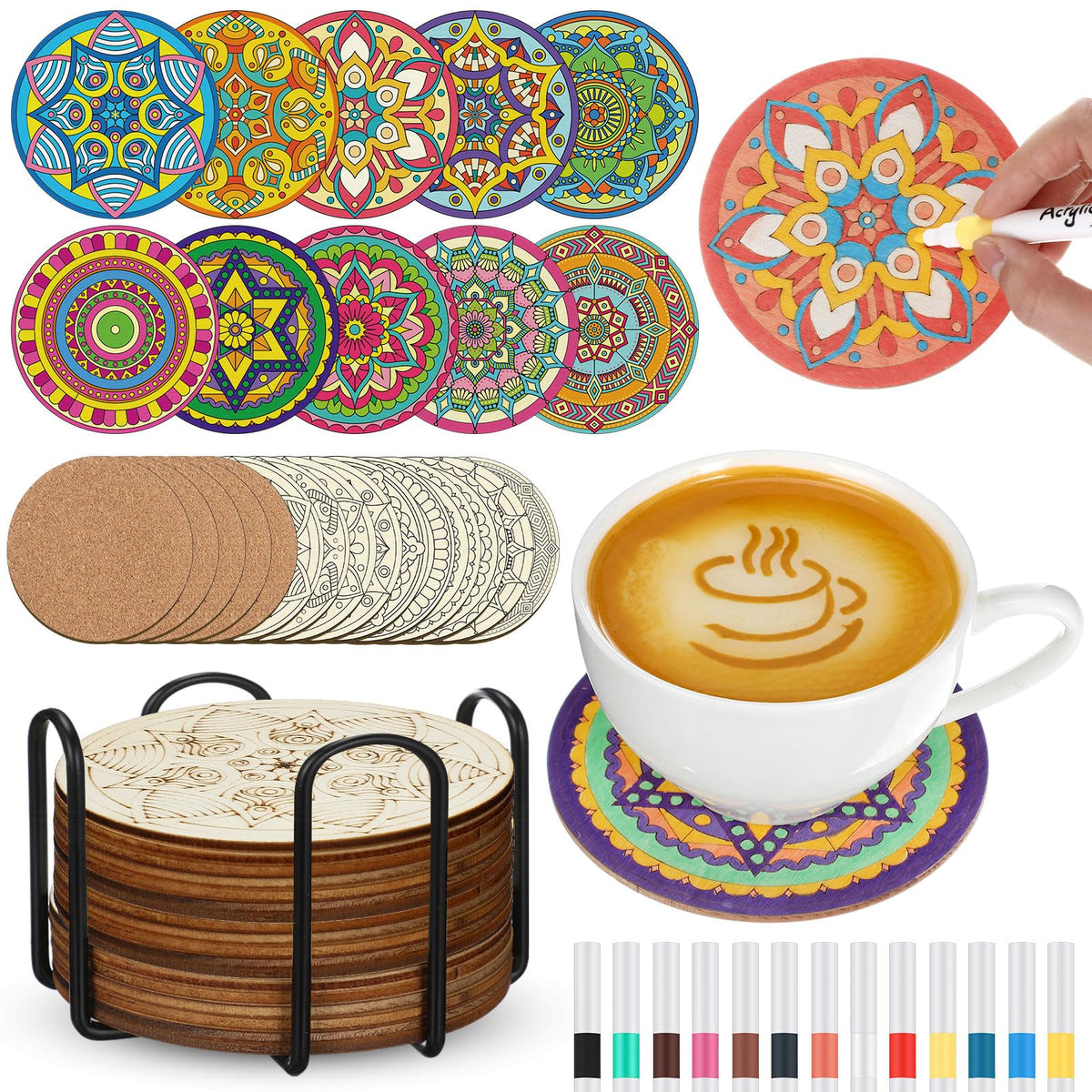 Reallnaive 45 Pcs Mandala Wooden Coasters Painting Kit, 4 Inch Paint Your Own Boho Coasters with Markers, Mothers Day Arts and Crafts for Adults Women Seniors Elderly Crafters Gifts