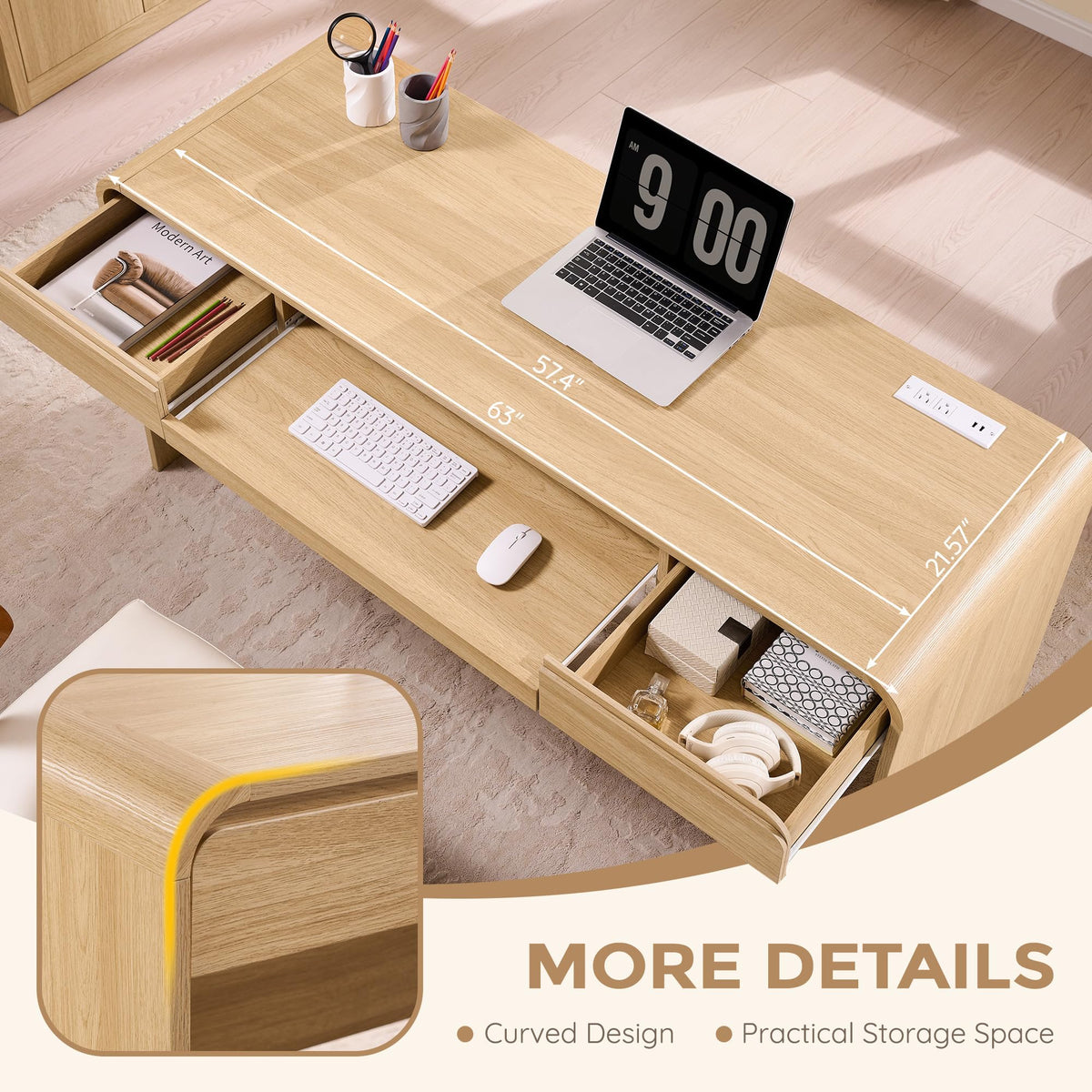 ALLTUFO 63" Modern Computer Desk with 2 Drawers, Wood Curved Executive Desk with Keyboard Tray & Power Outlet, Writing Desks with Storage for Home Office, Study Room, Living Room (Natural)