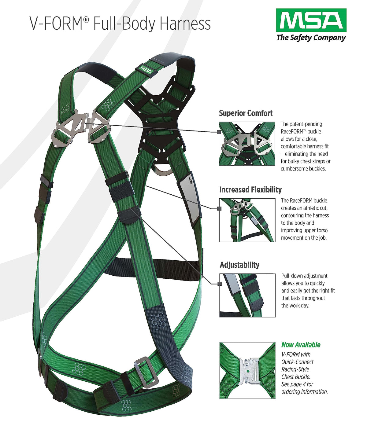 MSA 10197364 V-Form Construction Harness - Standard (Medium), D-Ring Configuration: Back/Hip, Tongue Buckle Leg Straps, with Shoulder Padding, Full Body Harness